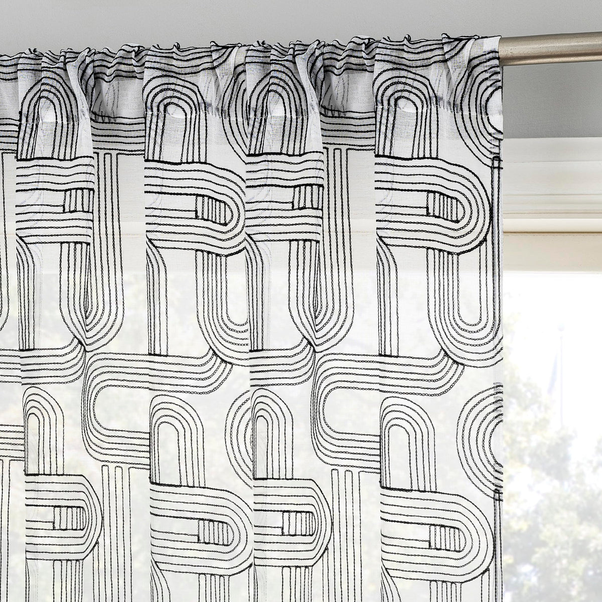 No. 918 Kaz Embroidered Retro Curves Sheer Rod Pocket Curtain Panel, 50 x 63, Black/White
