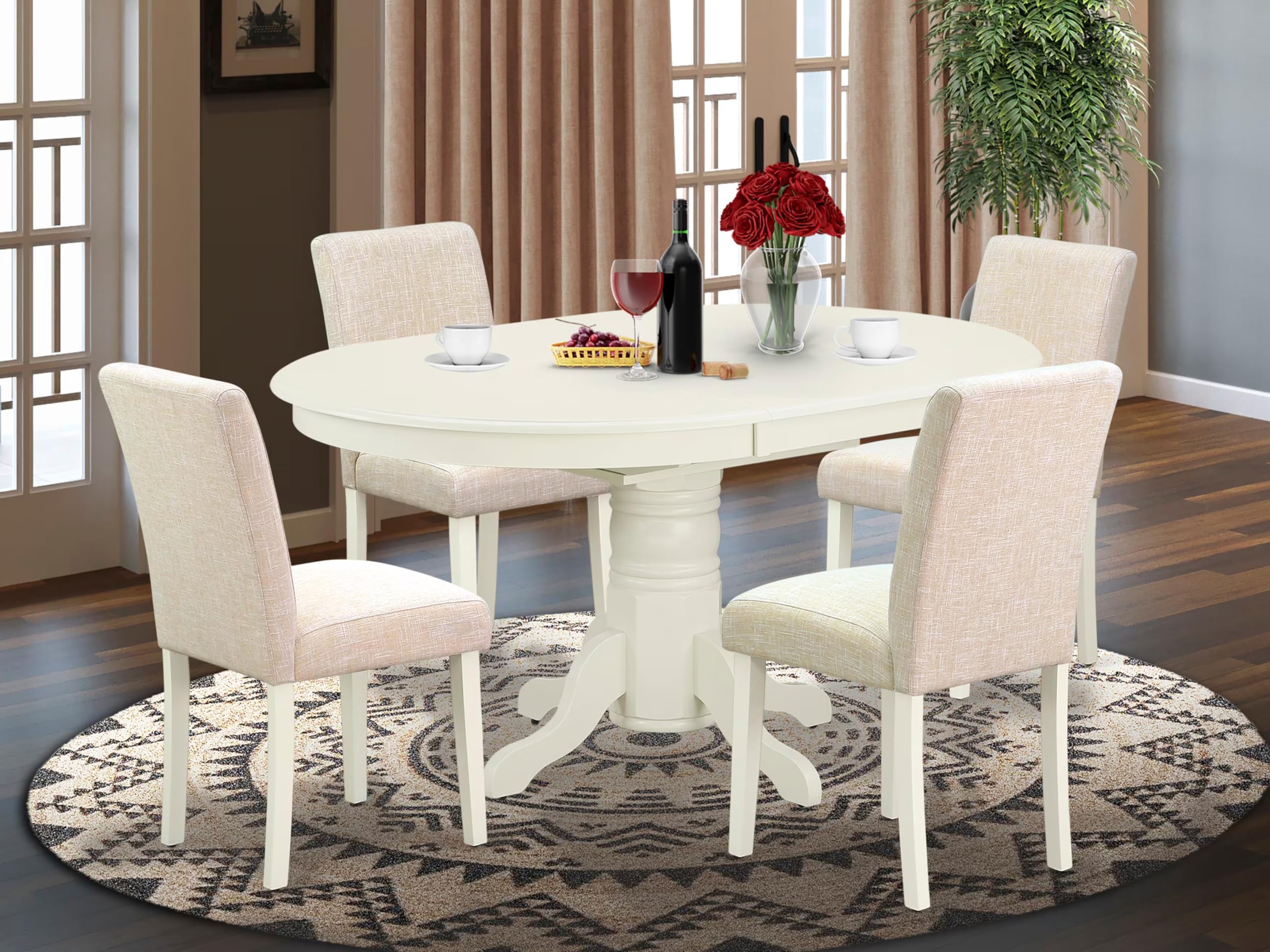 East West Furniture Avab5-Lwh-02 5 Piece Kitchen Table & Chairs Set Includes An Oval Wooden Table With Butterfly Leaf And 4 Light Beige Linen Fabric Parsons Chairs, 42X60 Inch, Linen White