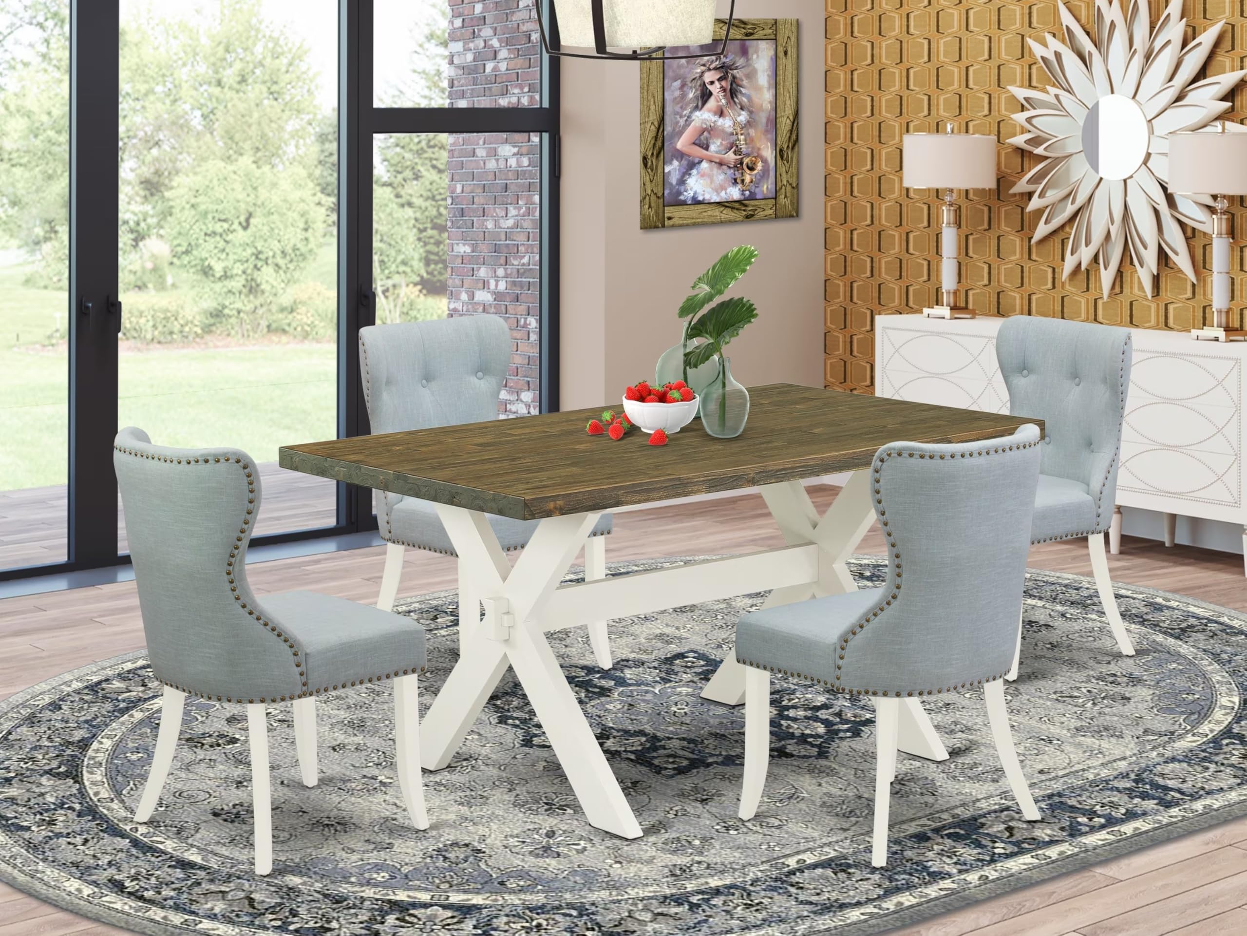 East West Furniture X076Si215-5 5 Piece Dining Room Table Set Includes A Rectangle Dining Table With X-Legs And 4 Baby Blue Linen Fabric Upholstered Parson Chairs, 36X60 Inch, Multi-Color
