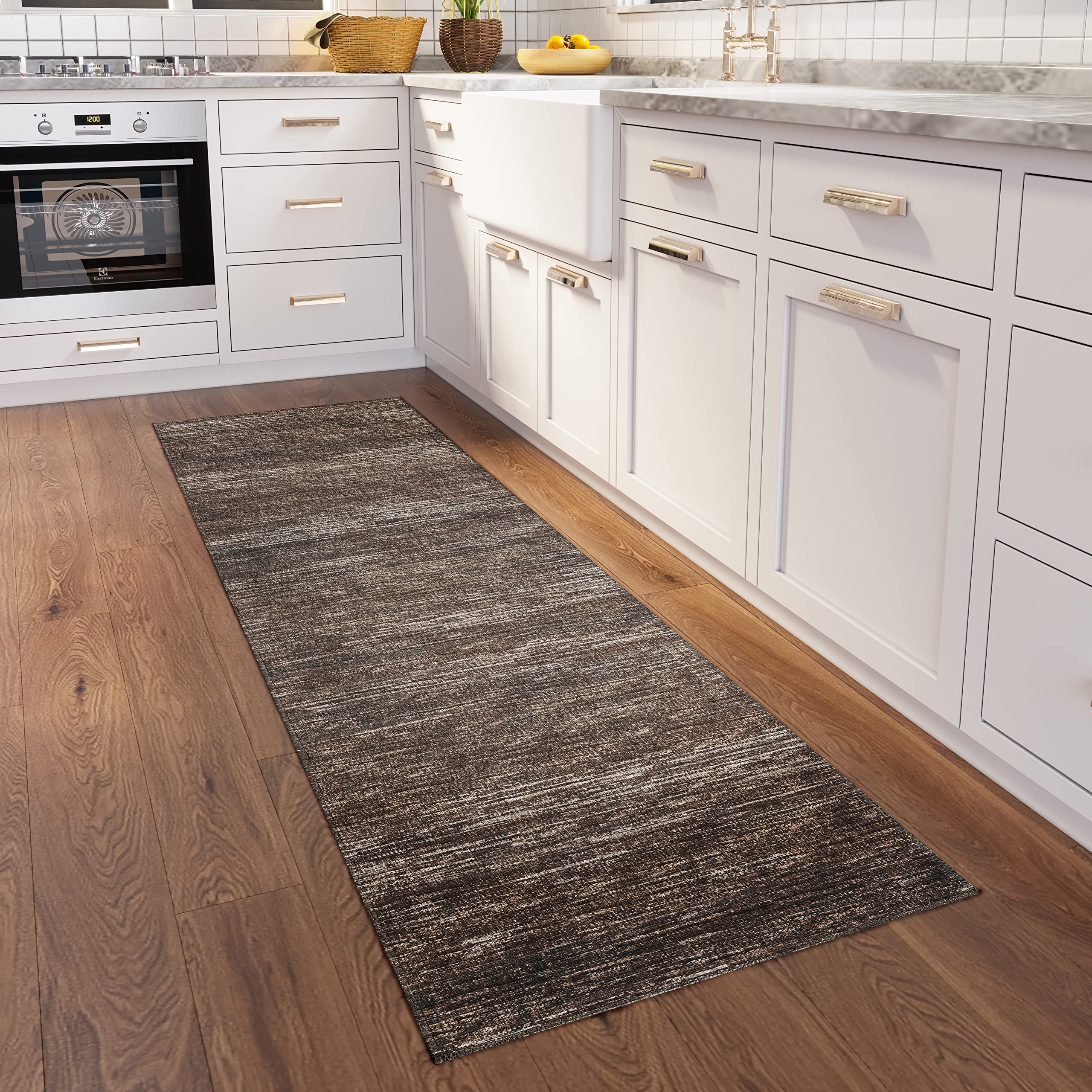 Addison Rugs Marston 2'3" X 7'6" Transitional Brown Indoor Outdoor Hallway Runner Rug, Stain Resistant Washable Carpet Easy Clean, Non Shedding, Bedroom, Living Room, Dining Room, Kitchen Rug