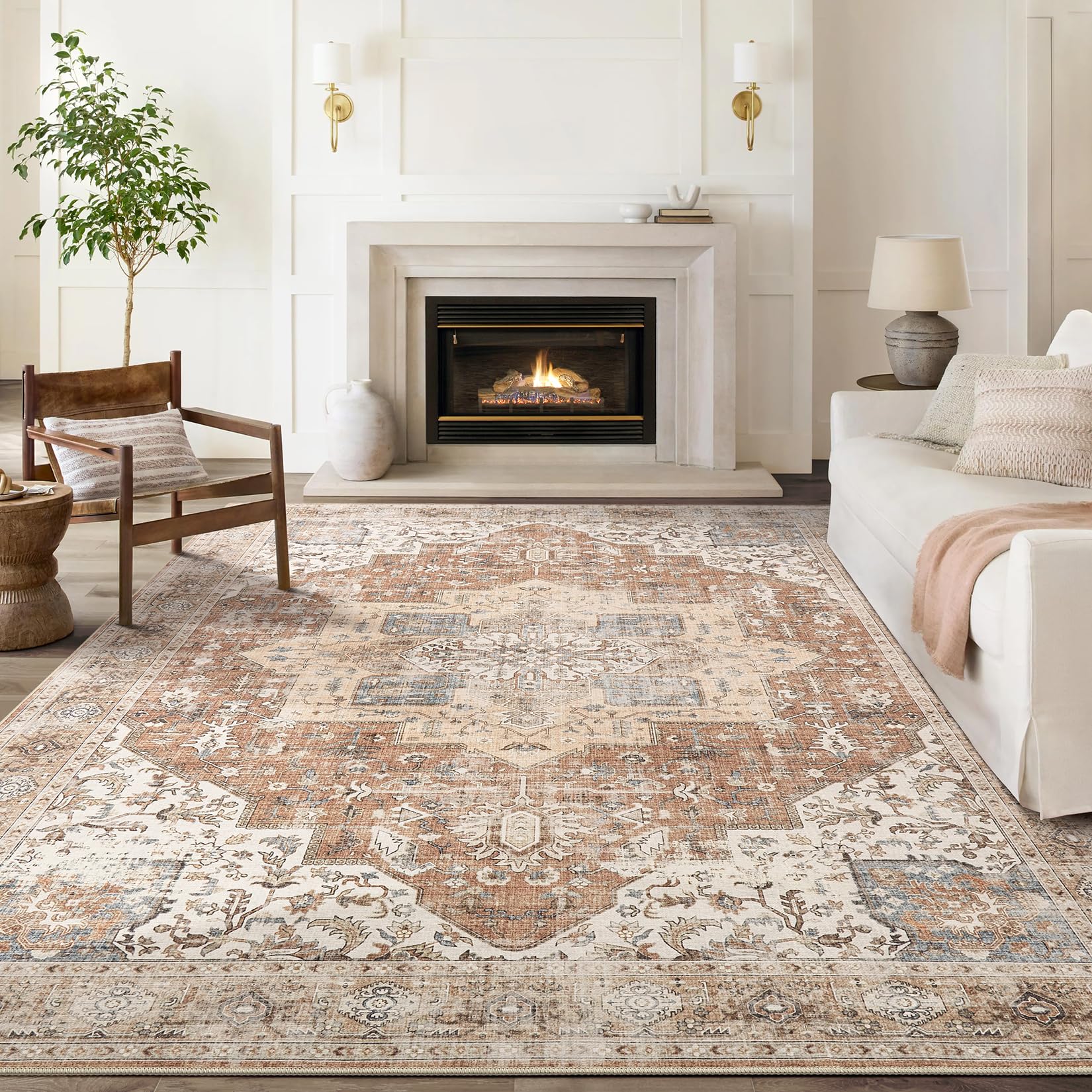 Dticon Washable Rug 9X12 Area Rugs: Boho Vintage Distressed Oriental Medallion Neutral Thin Large Rug Carpet For Living Room Bed