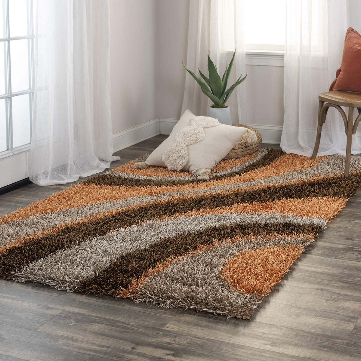 Rizzy Home | Km2325 | Kempton Collection | Polyester Area Rug | 3' Round | Multi/Orange/Brown/Khaki Stripe