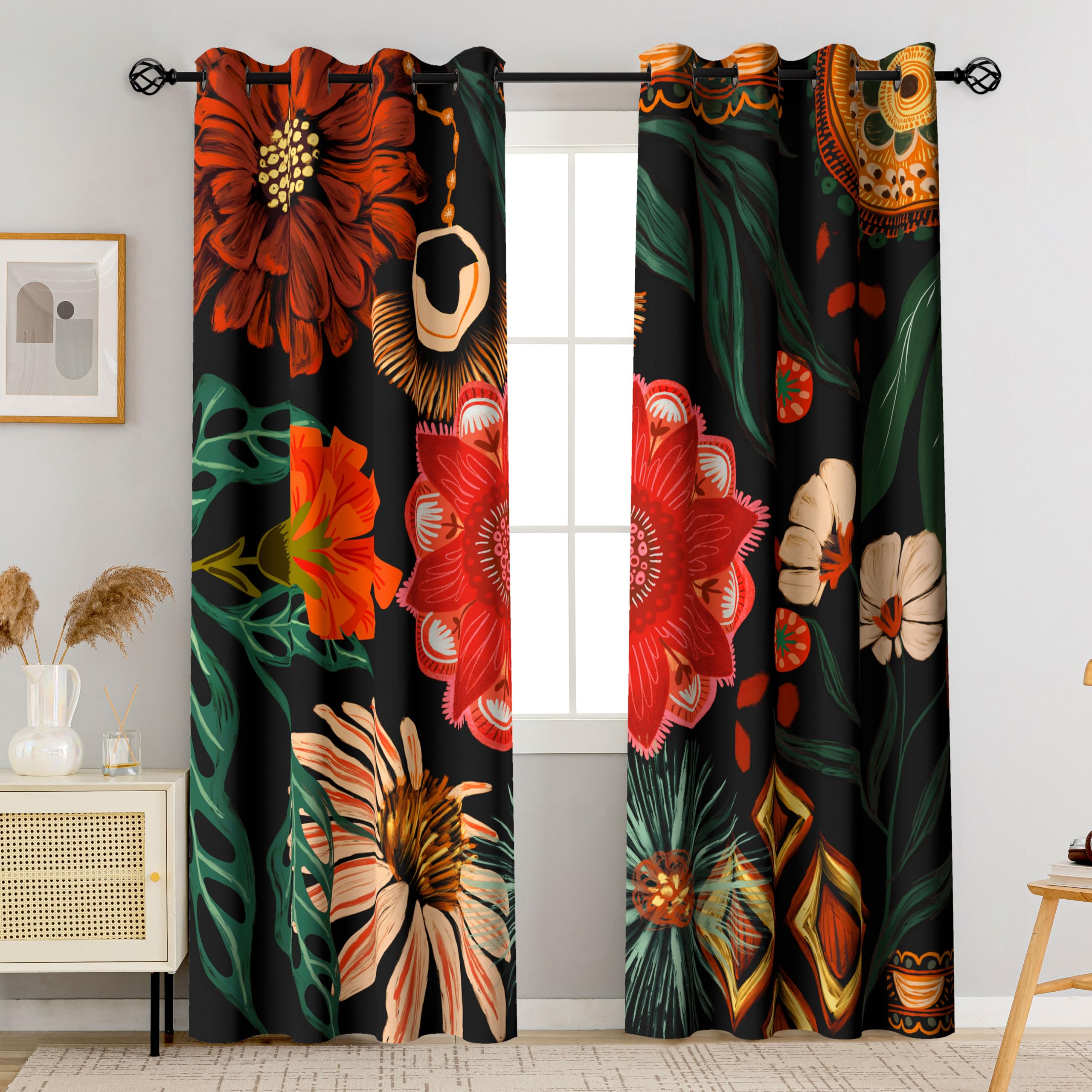 Tyrot Black Boho Floral 100% Blackout Curtains For Living Room 72 Inch Long 2 Panels Mid Century Botanical Black Out Curtains Fo