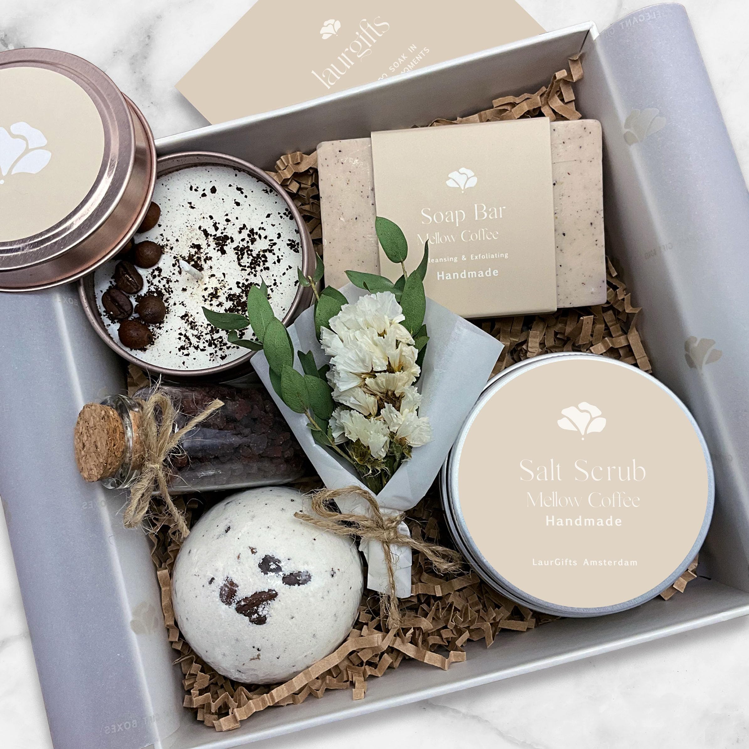 LaurGifts Birthday Gift for Women Coffee Scented Gift Set Box - Candle Gift Basket for Any Coffee Lover, Coworker Gift Idea - Sp