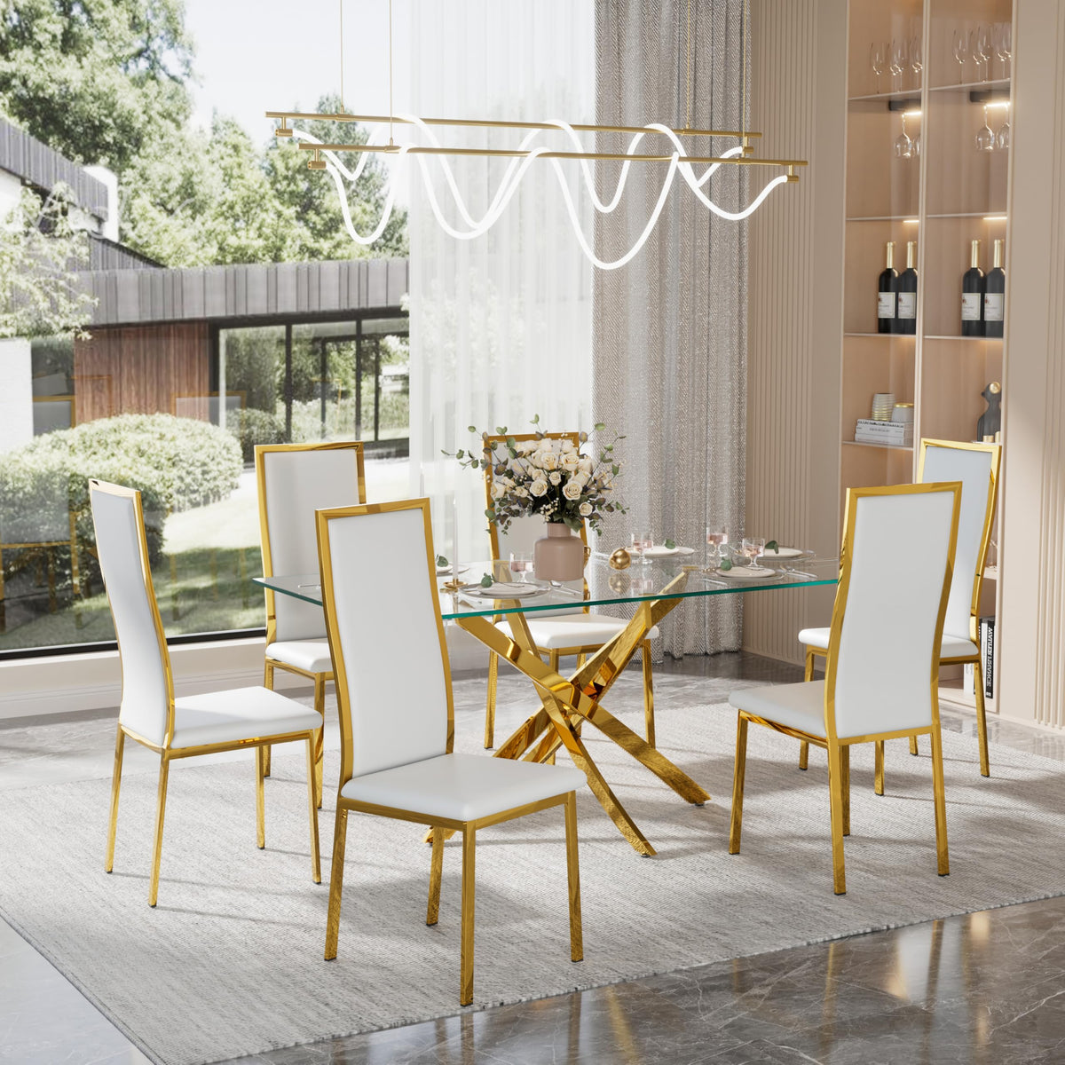 Vaktuls Set Of 6 Modern Dining Chairs -Black Faux Leather With Chrome Gold Metal Legs, Curved High Back Design & Cloud Cushionin