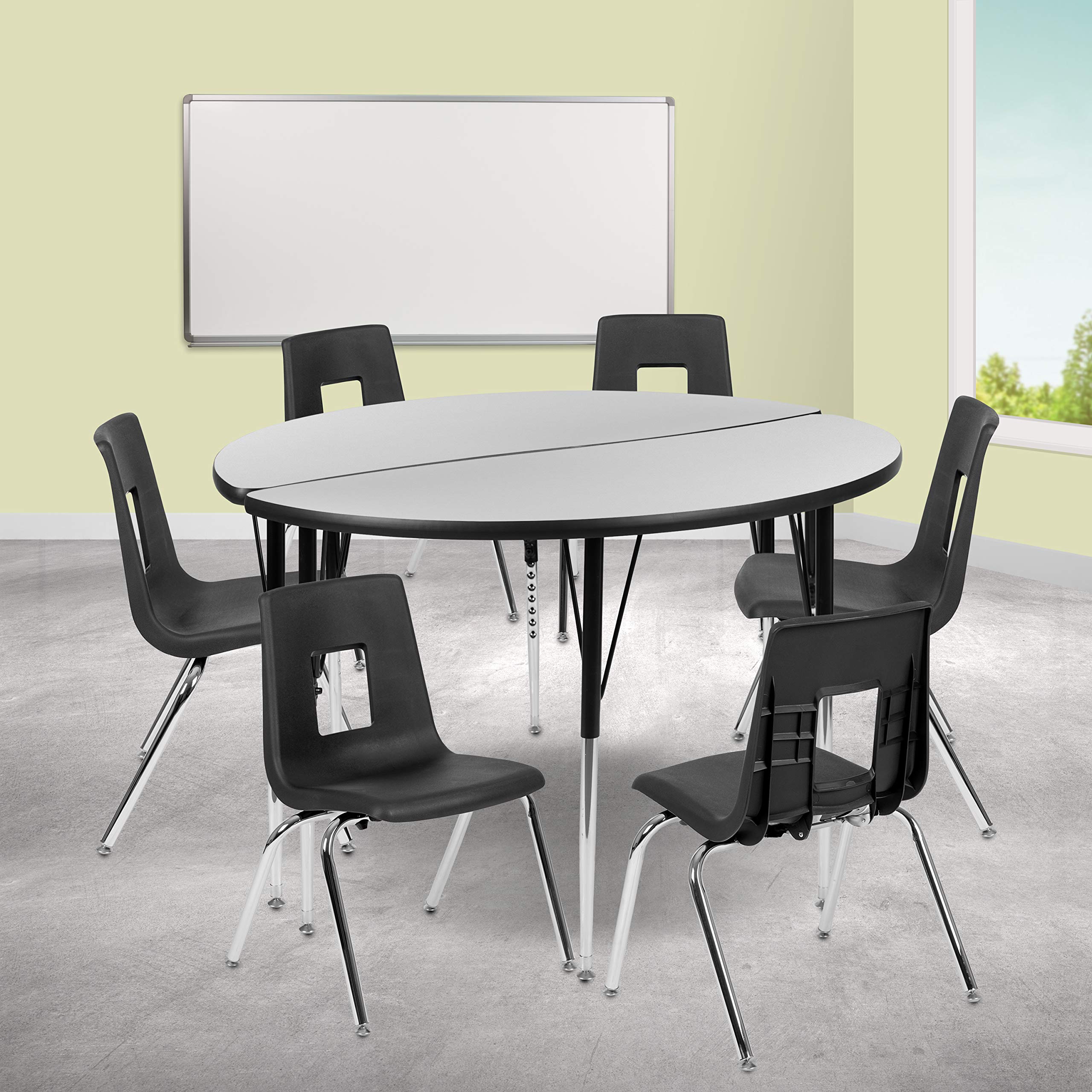Flash Furniture 47.5' Circle Wave Collaborative Laminate Activity Table Set With 18' Student Stack Chairs, Grey/Black