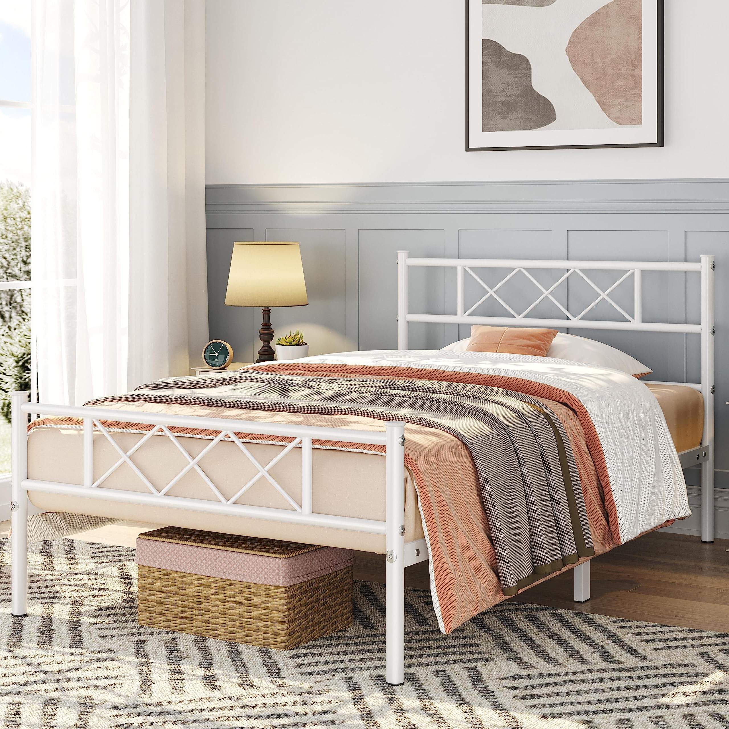 Yaheetech Metal Bed Frame Platform With Headboard And Footboard Mattress Foundation No Box Spring Needed Under Bed Storage Strong Slat Support Twin Size White