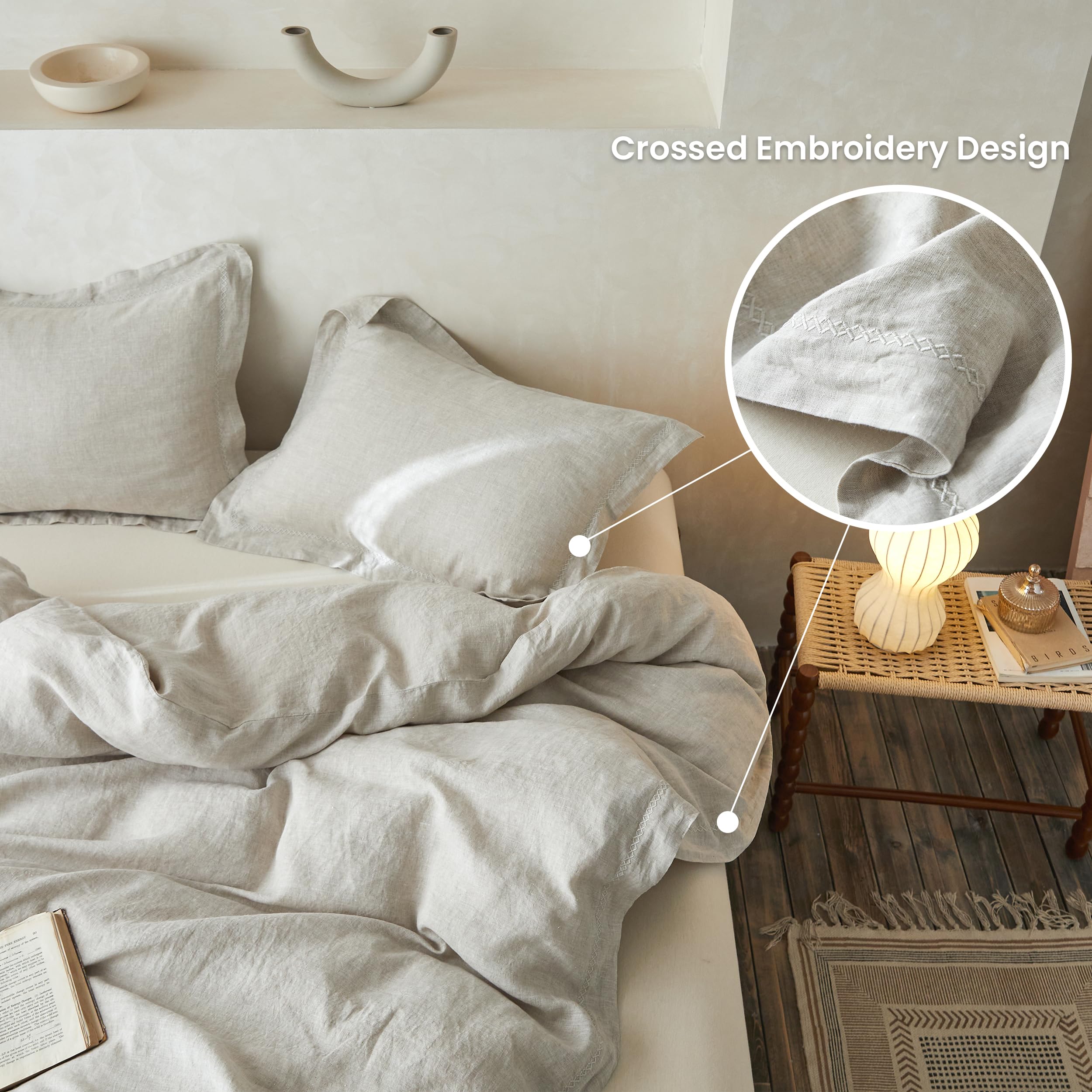 Simple&Opulence 100% Linen Duvet Cover Set With Crossed Embroidery Washed - 3 Pieces (1 Duvet Cover With 2 Pillow Shams) Soft Breathable Farmhouse - Linen, King Size