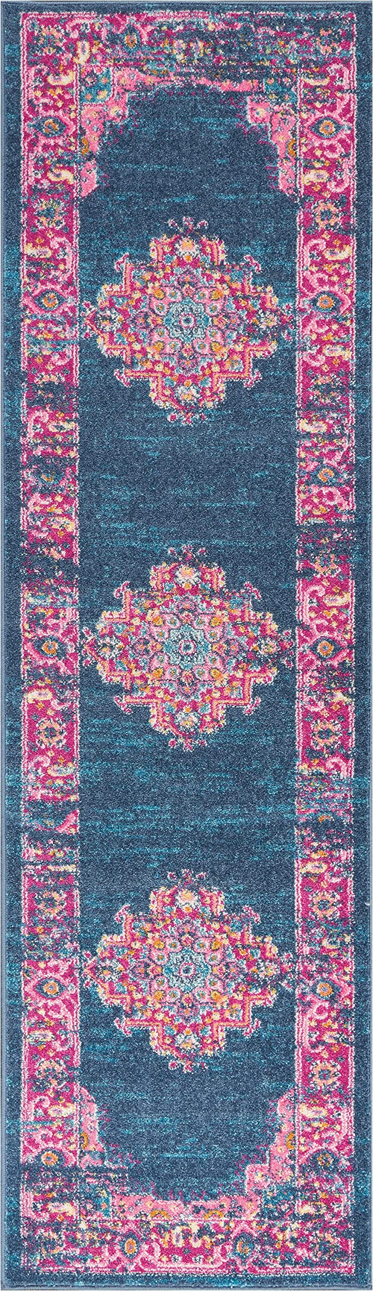 HomeRoots 100% Polypropylene 2â?? x 10â?? Blue and Pink Medallion Runner Rug