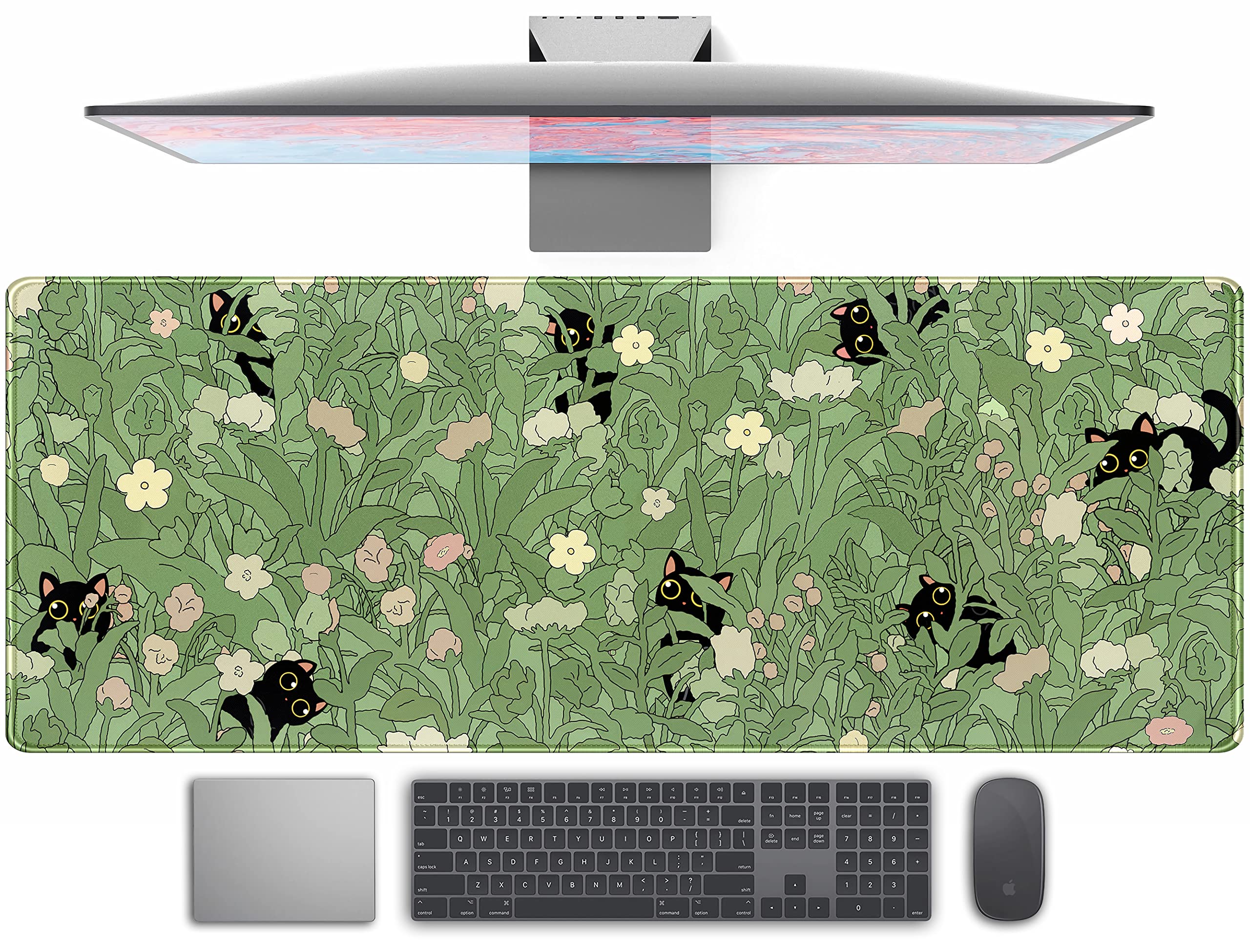 Cute Green Leaves Pink Flowers Mouse Pad Desk Pad Kawaii Anime Cat Desktop Protector Decor Desk Mat, Xl Large Gaming Mousepad Fo