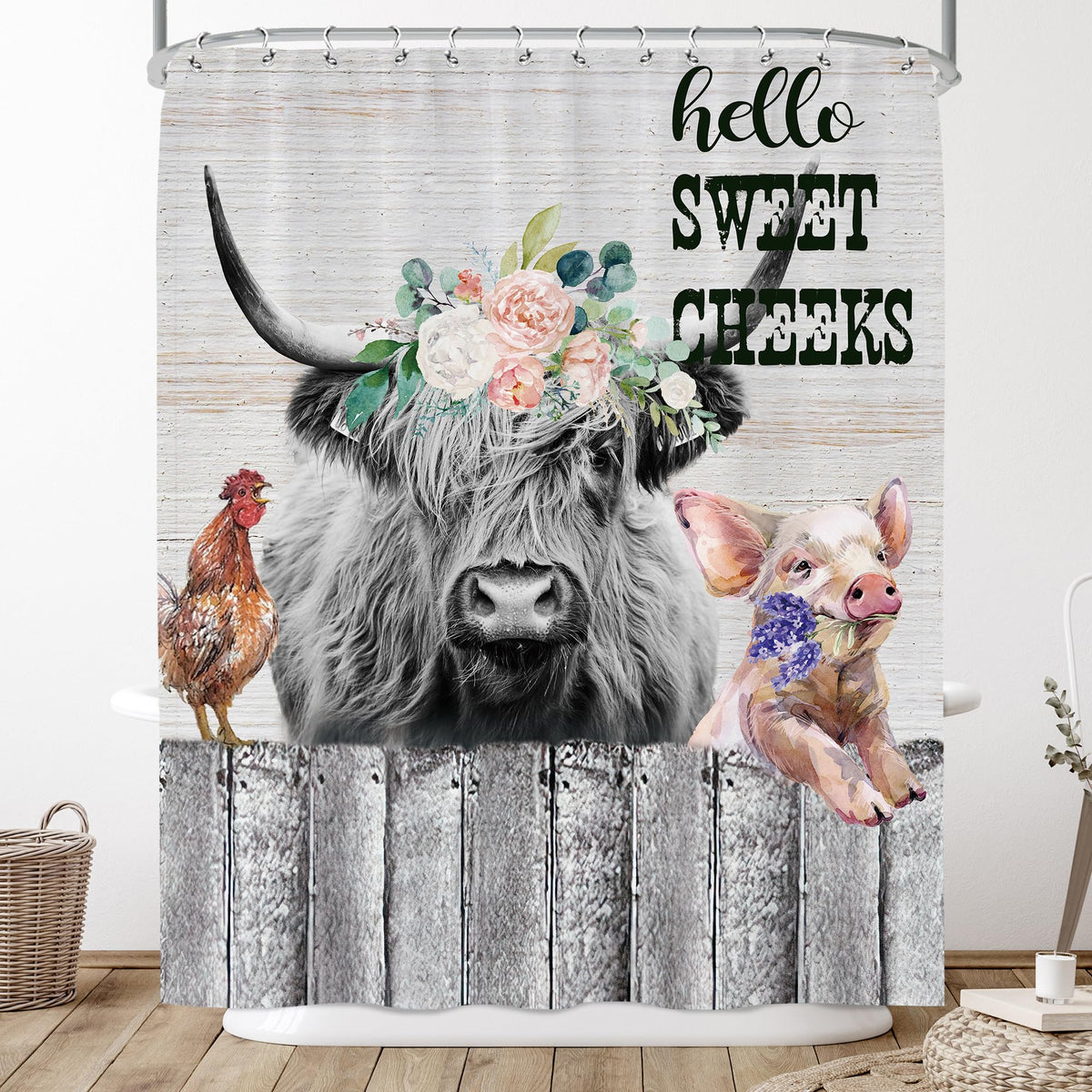 Yorida Farmhouse Highland Cow Shower Curtain 60X72 Chicken Rooster Pig Funny Cow Farm Animal Shower Curtains For Bathroom Wester