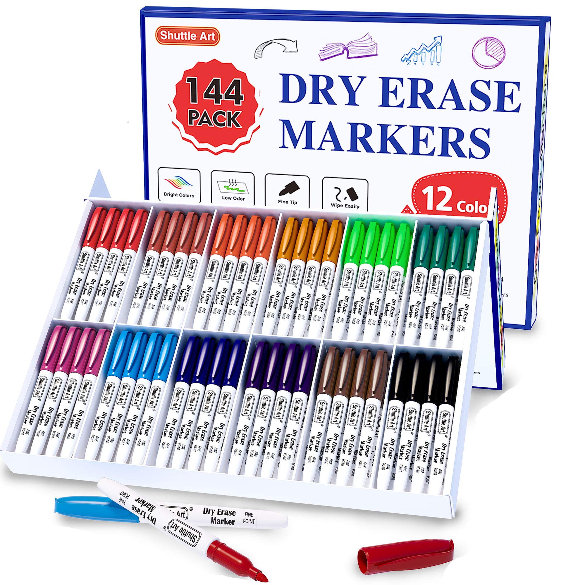 Shuttle Art Dry Erase Markers, 12 Colors 144 Bulk Pack Whiteboard Markers, Fine Point Dry Erase Markers Perfect For Writing On D
