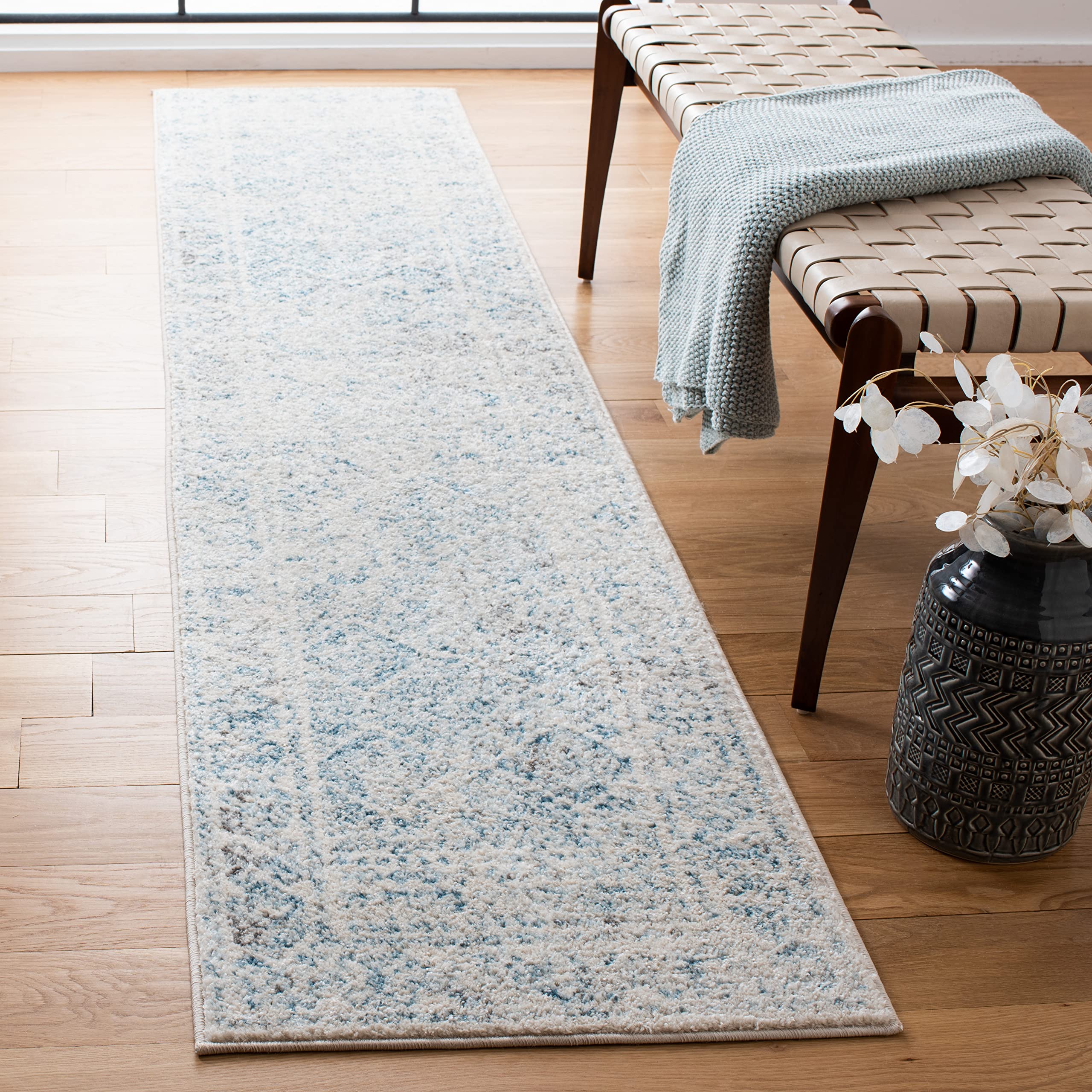 SAFAVIEH Tulum Collection Ivory / Turquoise TUL264B Moroccan Boho Distressed Non-Shedding Living Room Bedroom Runner Rug, 20 x 