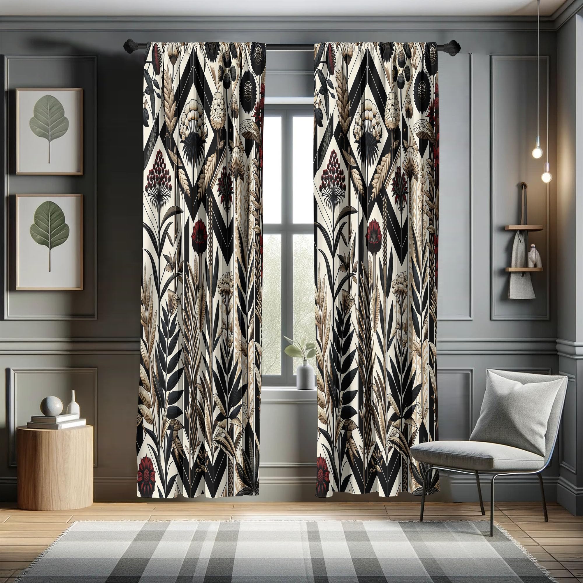Ambesonne Leafy Art Window Curtains Pack Of 2, Modern Boho Composition Of Abstract Rhombus Detailed Leaves Flowery, Lightweight