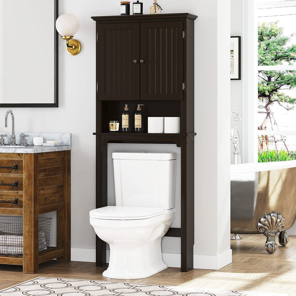 UTEX Bathroom Storage Over The Toilet, Bathroom Cabinet Organizer with Adjustable Shelves and Double Doors, Wood Bathroom Space 