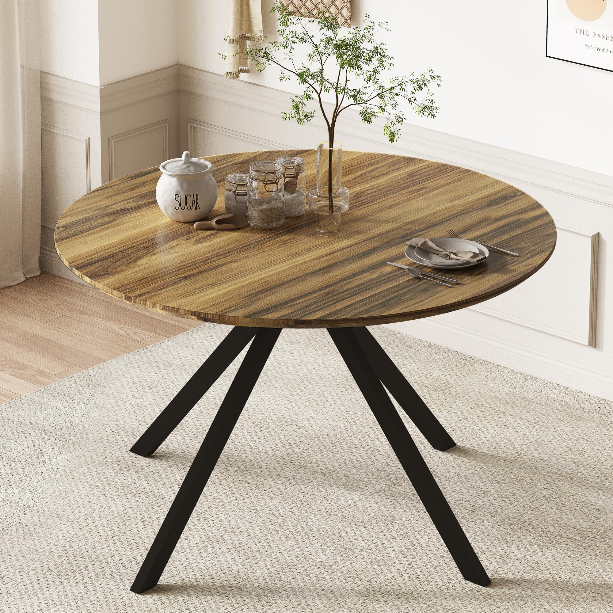 Rocsumoo 47.3' Round Table For Kitchen, Wooden Dining Table With Metal Cross Legs, Large Kitchen Pedestal Coffee Bar Table Savi