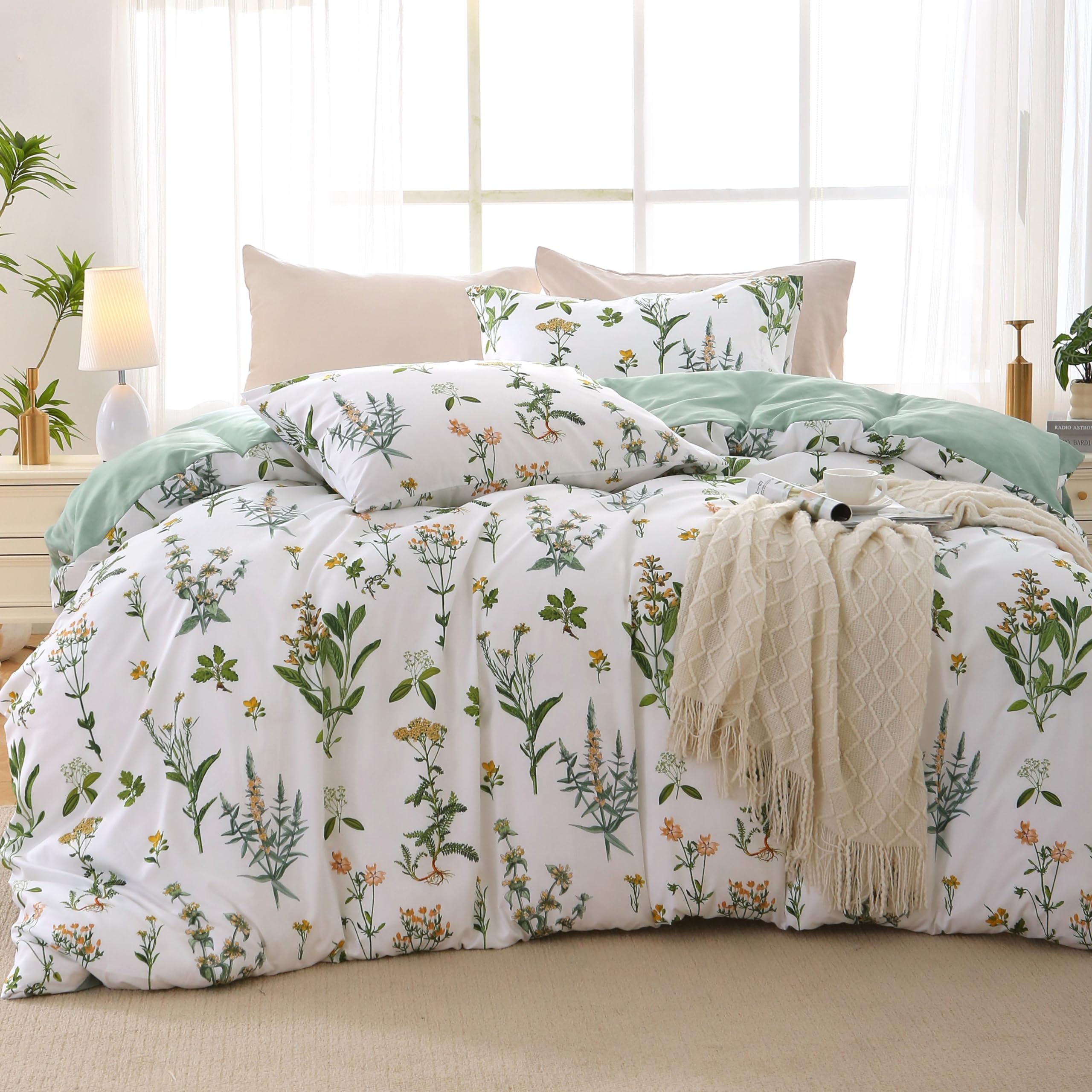Muxhomo Duvet Cover King Size, Reversible Floral Green Duvet Cover Set With Zipper Closure, 3 Pieces Botanical Patterns Soft Mic