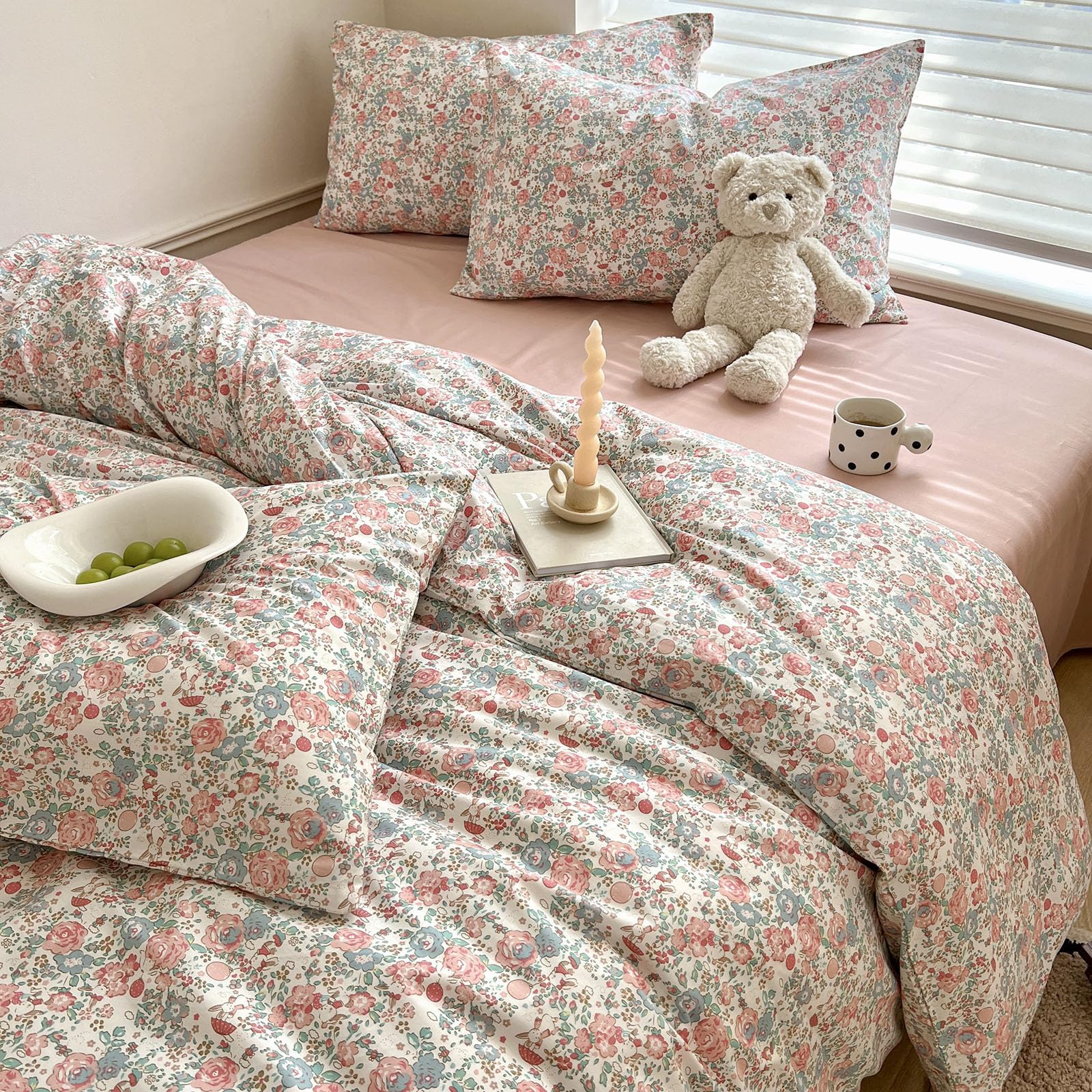 Boho Floral Duvet Cover Twin Soft Cotton Aesthetic Floral Bedding Sets French Style Pink Blue Flower Branches Duvet Cover Chic S