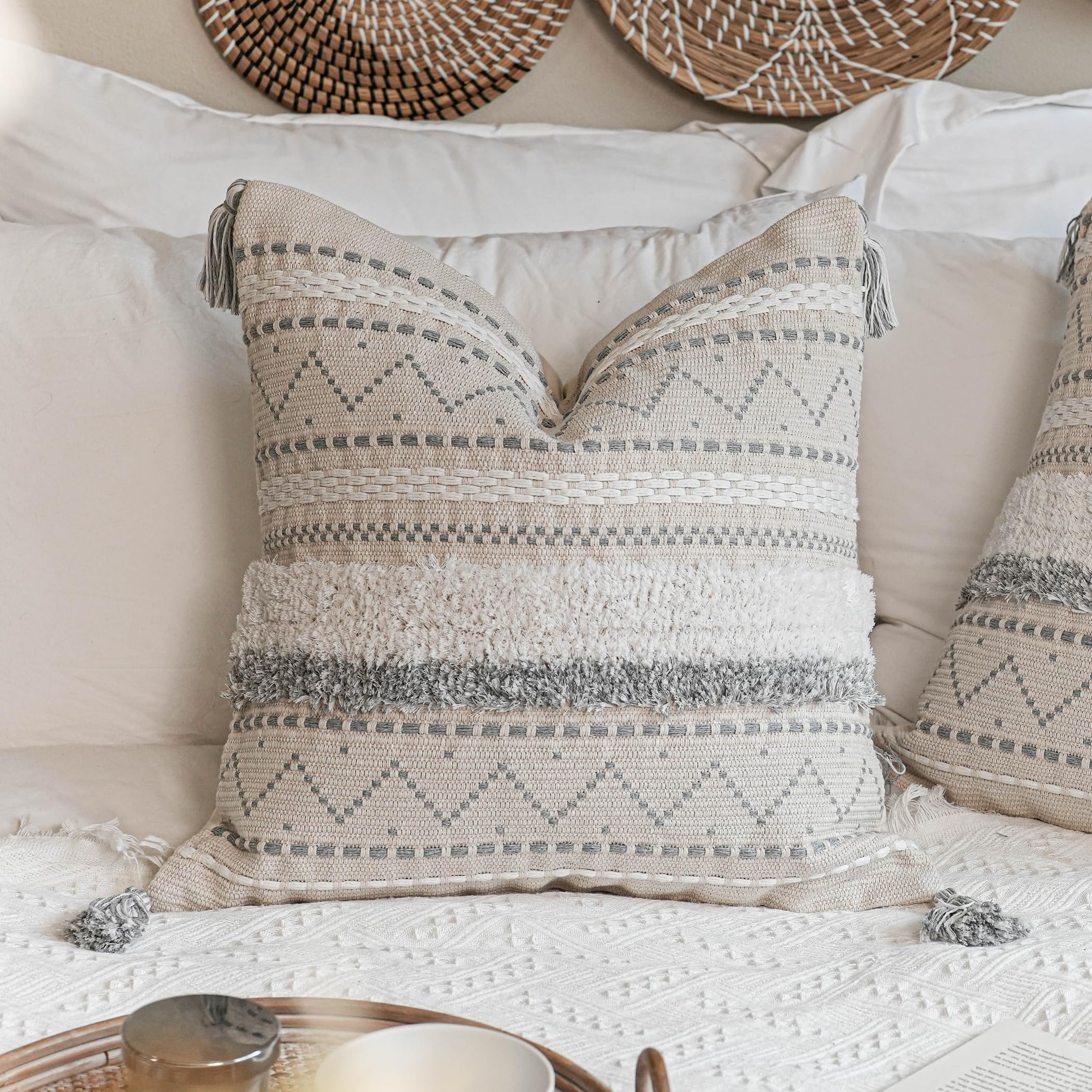 Blissblush Gray Decorative Throw Pillow Cover 20X20 Square Boho Neutral White Accent Pillowcase Tassels Farmhouse Cushion For Co