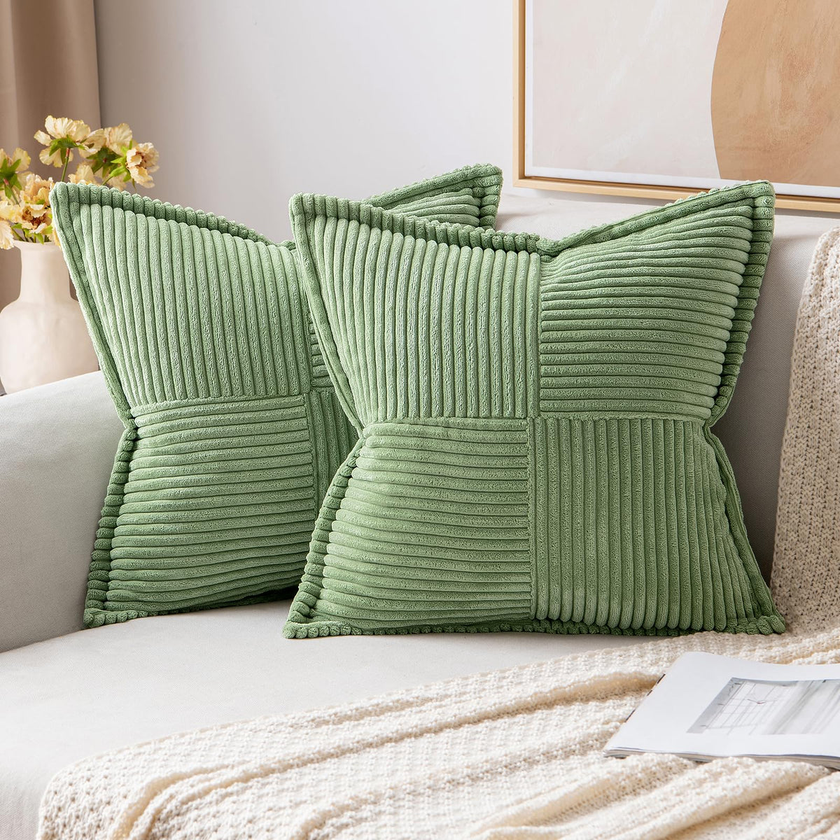 Miulee Sage Green Corduroy Pillow Covers 24X24 Inch With Splicing Set Of 2 Super Soft Boho Striped Pillow Covers Broadside Decor