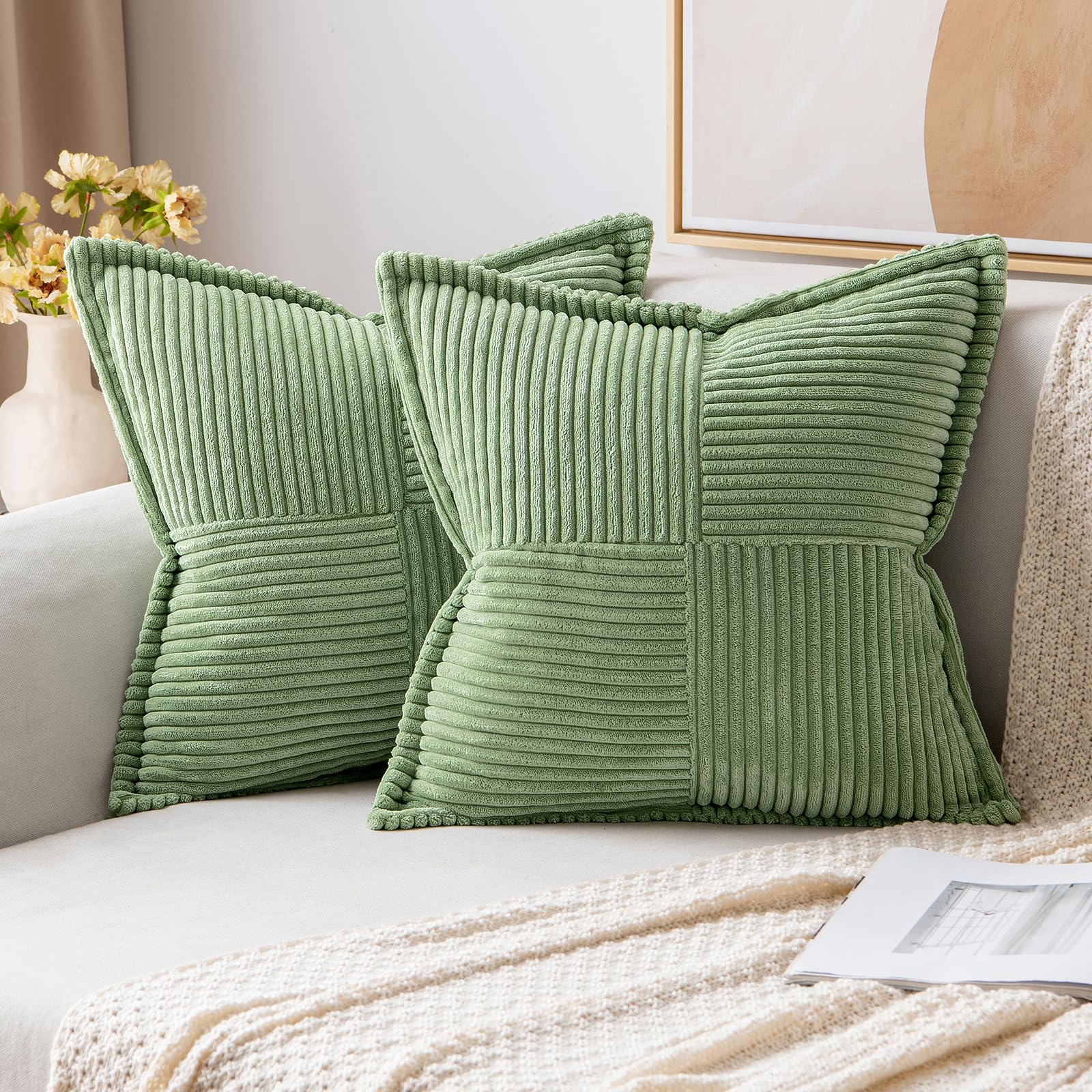 Miulee Sage Green Corduroy Pillow Covers 24X24 Inch With Splicing Set Of 2 Super Soft Boho Striped Pillow Covers Broadside Decor
