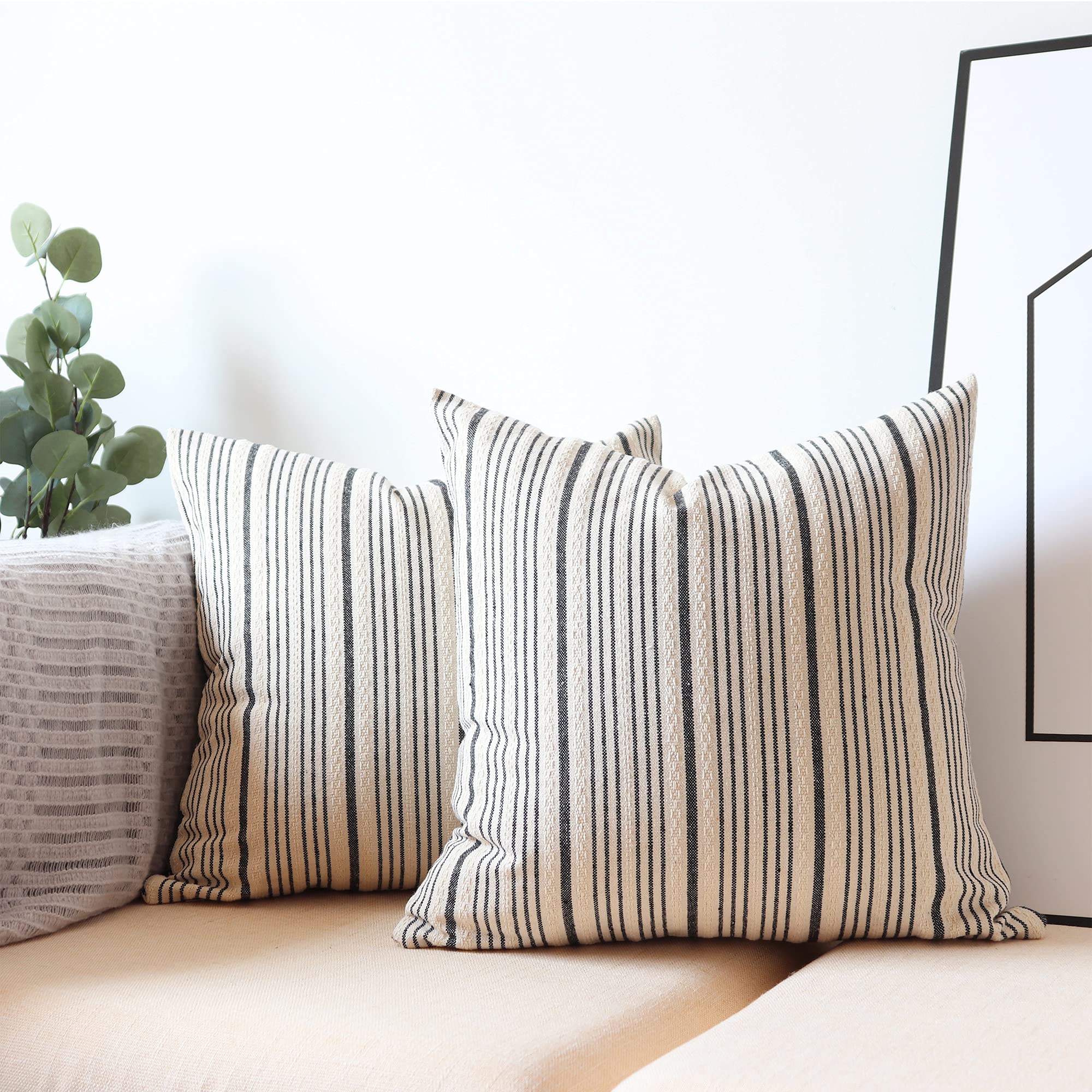 Navibule Black Pillow Covers Decorative Farmhouse Linen Throw Pillow Covers Striped Square Throw Pillows For Couch Sofa Bed Pack