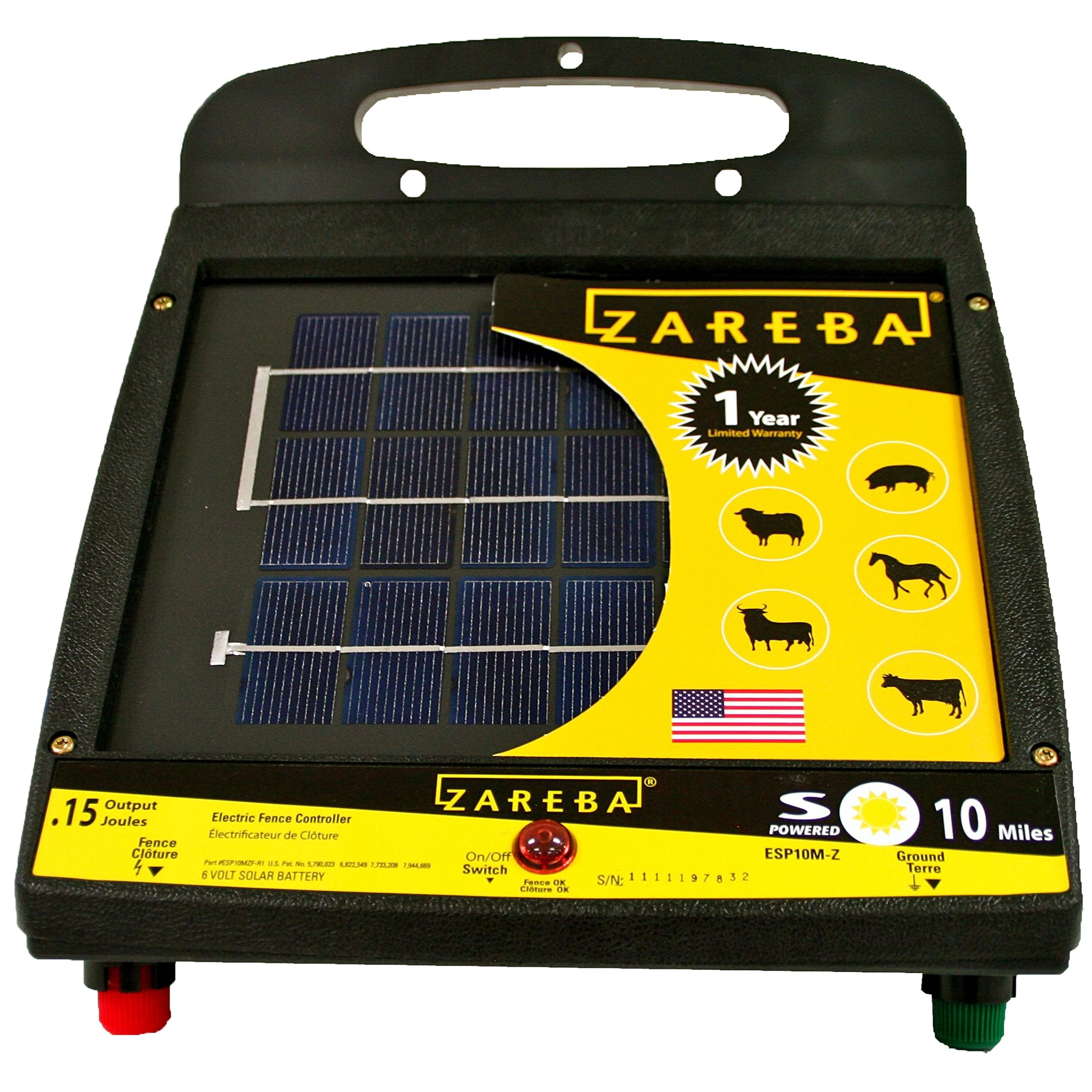 Zareba Esp10M-Z Solar Powered Low Impedance Electric Fence Charger - 10 Mile Solar Powered Electric Fence Energizer, Contain Ani