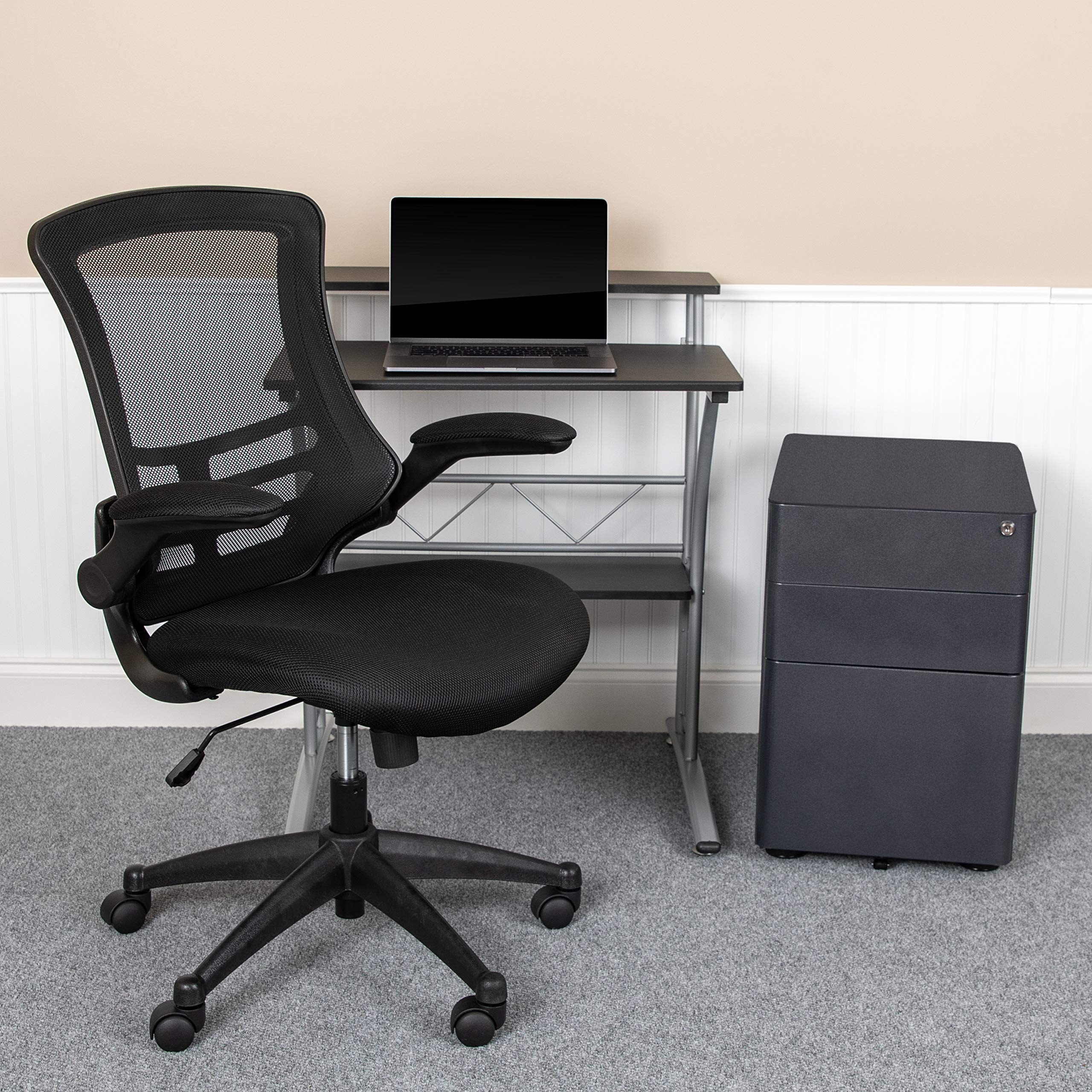 Flash Furniture Calder Work From Home Kit - Black Computer Desk, Ergonomic Mesh Office Chair And Locking Mobile Filing Cabinet With Side Handles