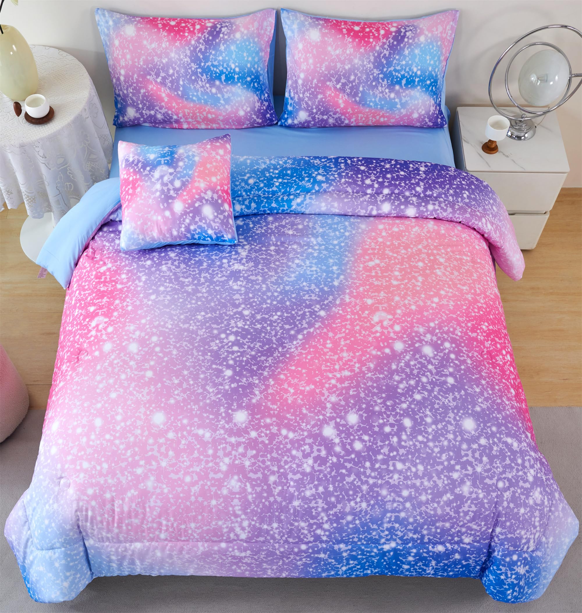 Rynghipy 6Pcs Girls Bedding Set Full Size Colorful Rainbow Comforter Set For Kids Teens Girls Glitter Bedding Set Lightweight Fl