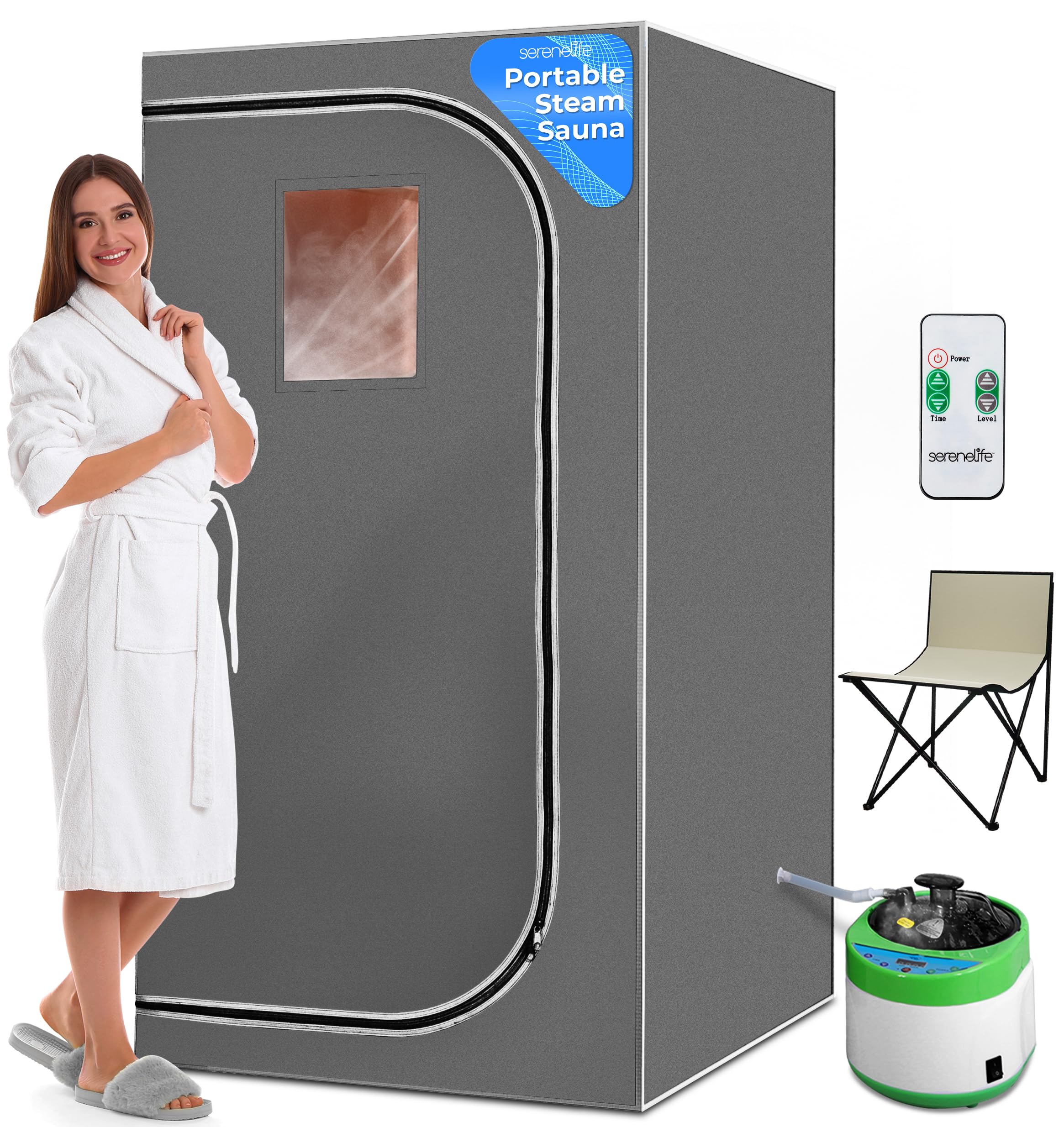 Serenelife Portable Sauna Box For Home, Steam Sauna Tent With 4L Steamer, Folding Sauna Chair, Remote Control In-Home Spa, 71'