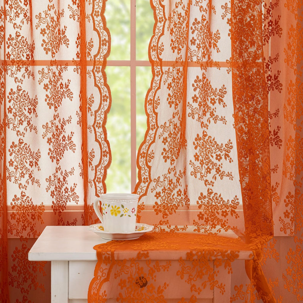 Orange Bohemian Curtains 102 Inches Long Rust Retro Lace Fall Curtains For Living Room Rod Pocket Autumn Farmhouse Halloween Dec