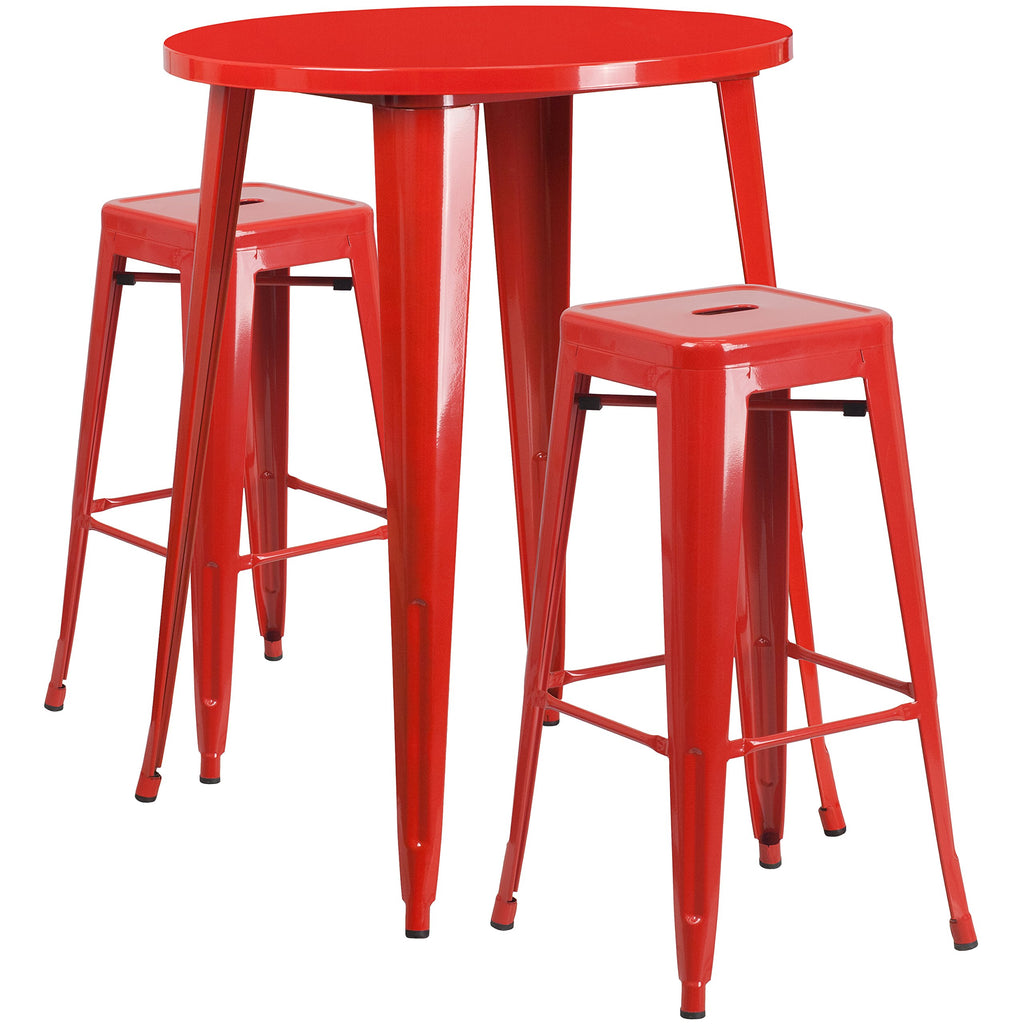 Flash Furniture Commercial Grade 30" Round Red Metal Indoor-Outdoor Bar Table Set with 2 Square Seat Backless Stools