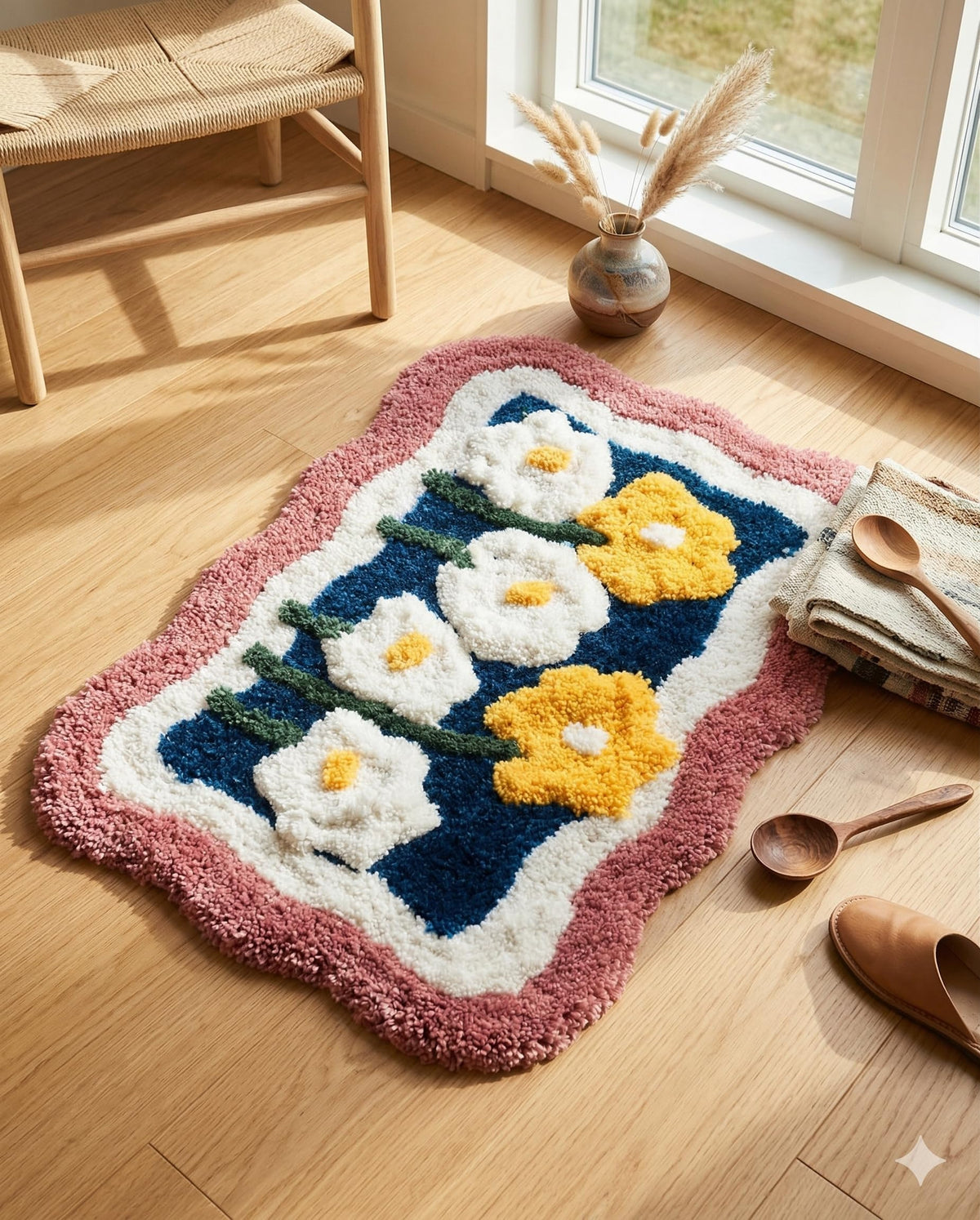 Banchmark Home Furnishings Floral Tufted Bath Mat, Yellow Daisy Design, Microfibre, AntiSlip, 40x60 cm (Coral Flora)