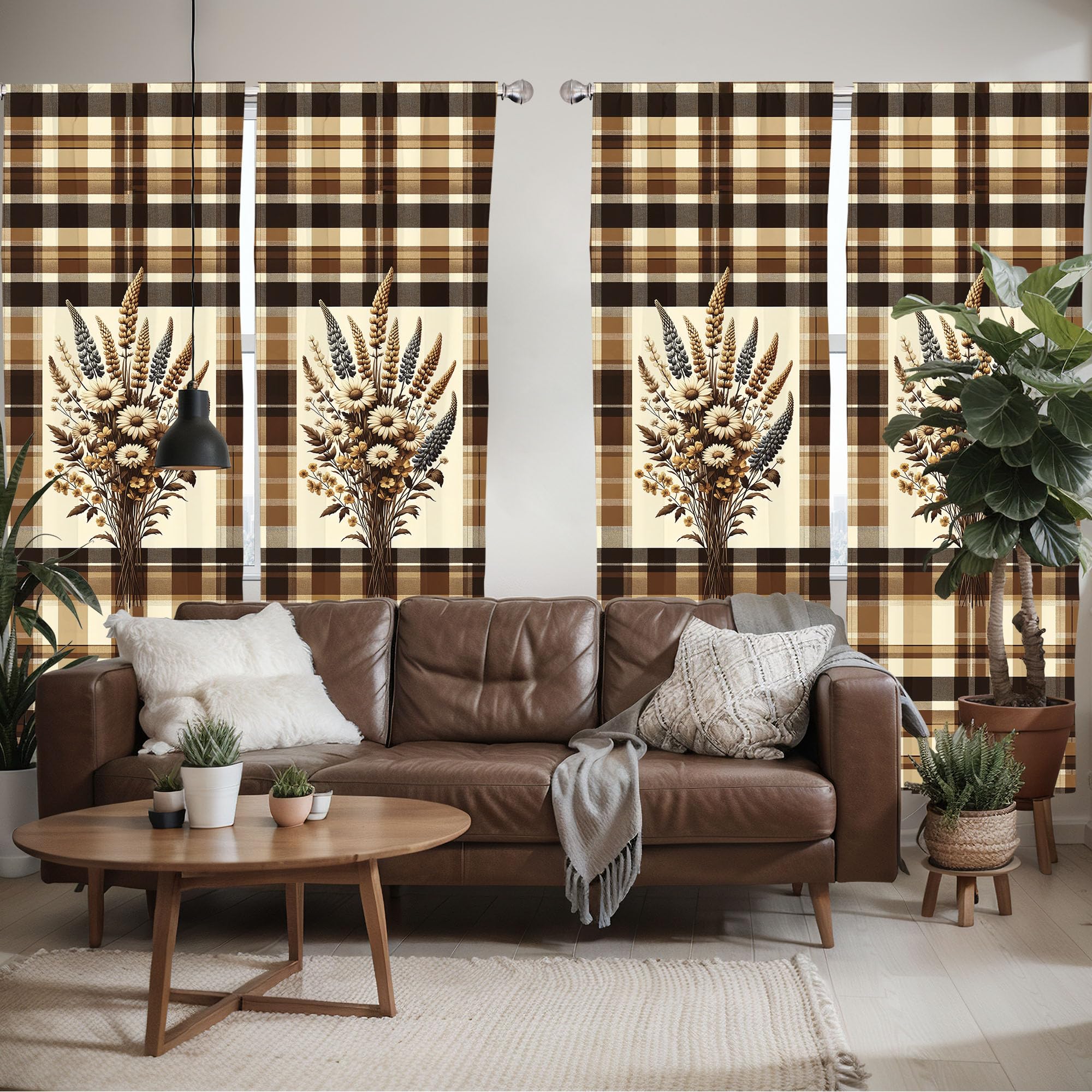 Ambesonne Autumnal Window Curtains Pack Of 2, Earthy Fall Tone Leafy Floral Bouquet Illustration With Tartan Plaid Back, Lightwe