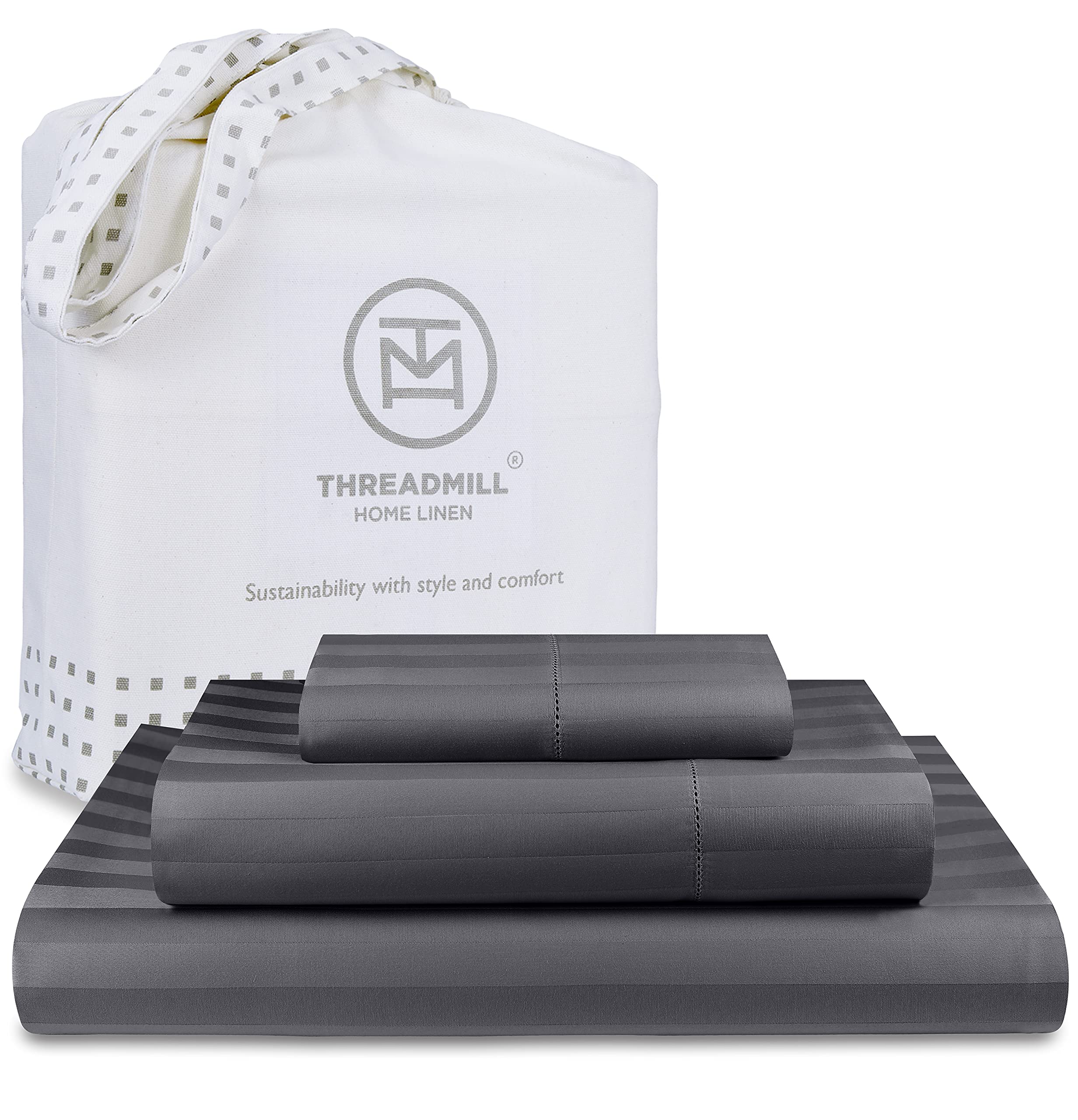 Threadmill 500 Thread Count Twin-Xl Size Damask Stripe, 3 Pc Luxury Cotton Bed Sheet Set, Breathable Dark Grey Sheets With 15'
