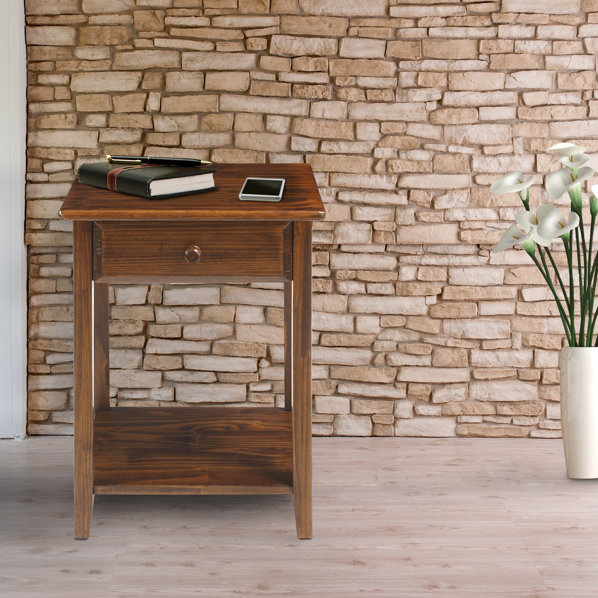 Casual Home Night Owl Nightstand With Usb Ports-Warm Brown