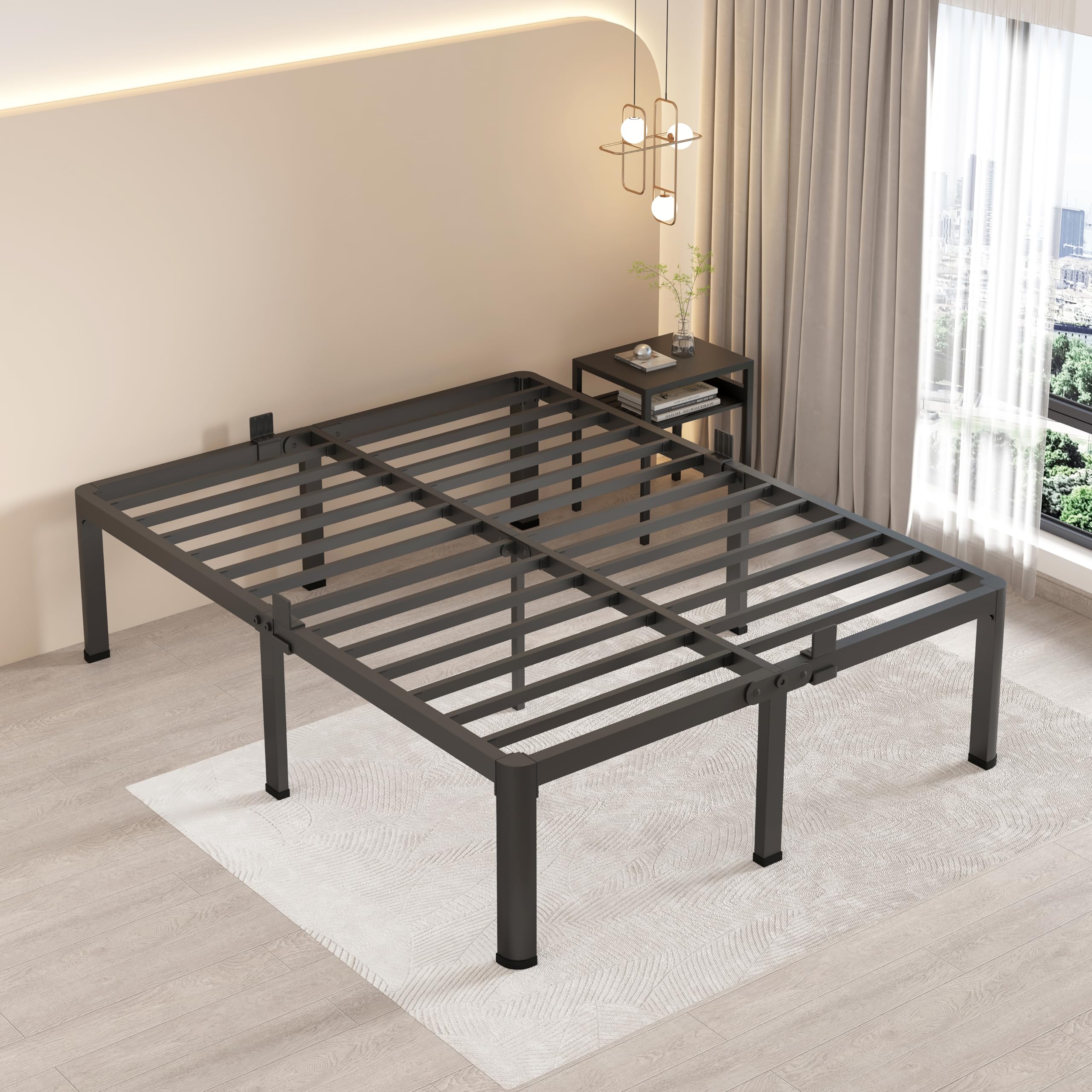 Maf 16 Inch California King Bed Frame With Round Corner Legs Mattress Slide Stopper No Box Spring Needed Heavy Duty Metal Platform Bed Frames, 3000 Lbs Steel Slats Support