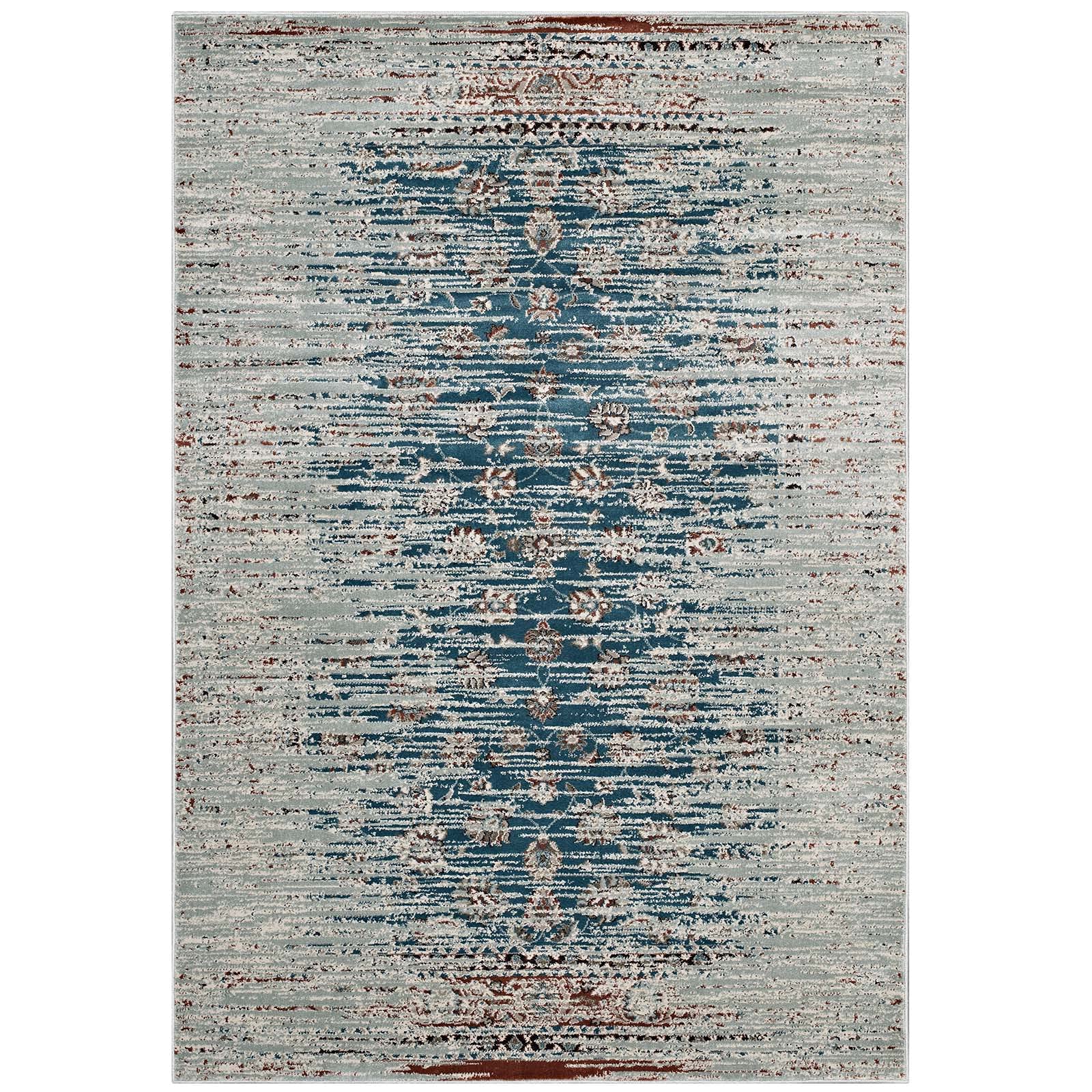 Modway Hesper Distressed Contemporary Floral Lattice 8X10 Area Rug In Teal, Beige And Brown