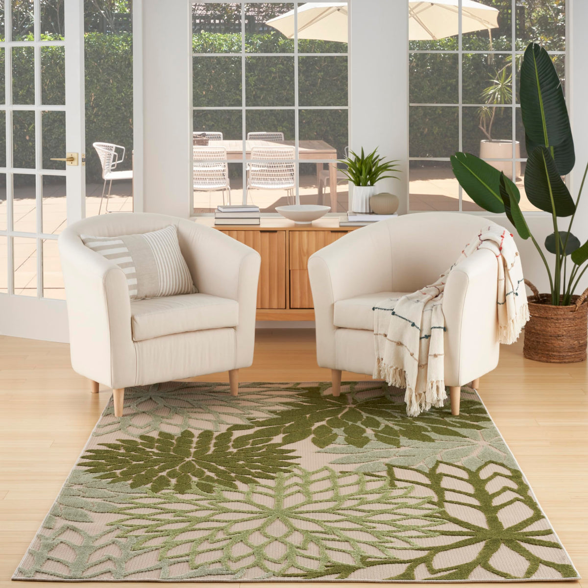 Nourison Aloha Tropical Indoor/Outdoor Ivory Green 5'3' X 7'5' Area Rug, Easy Cleaning, Non Shedding, Bed Room, Living Room, D