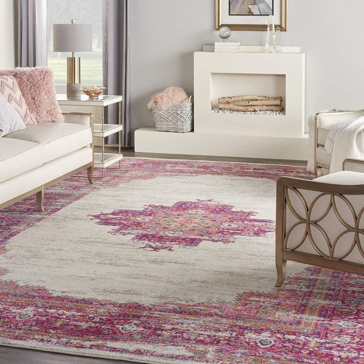 Nourison Passion Ivory/Fuchsia 12' X 18' Area Rug, Boho, Traditional, Easy Cleaning, Non Shedding, Bed Room, Living Room, Hallwa