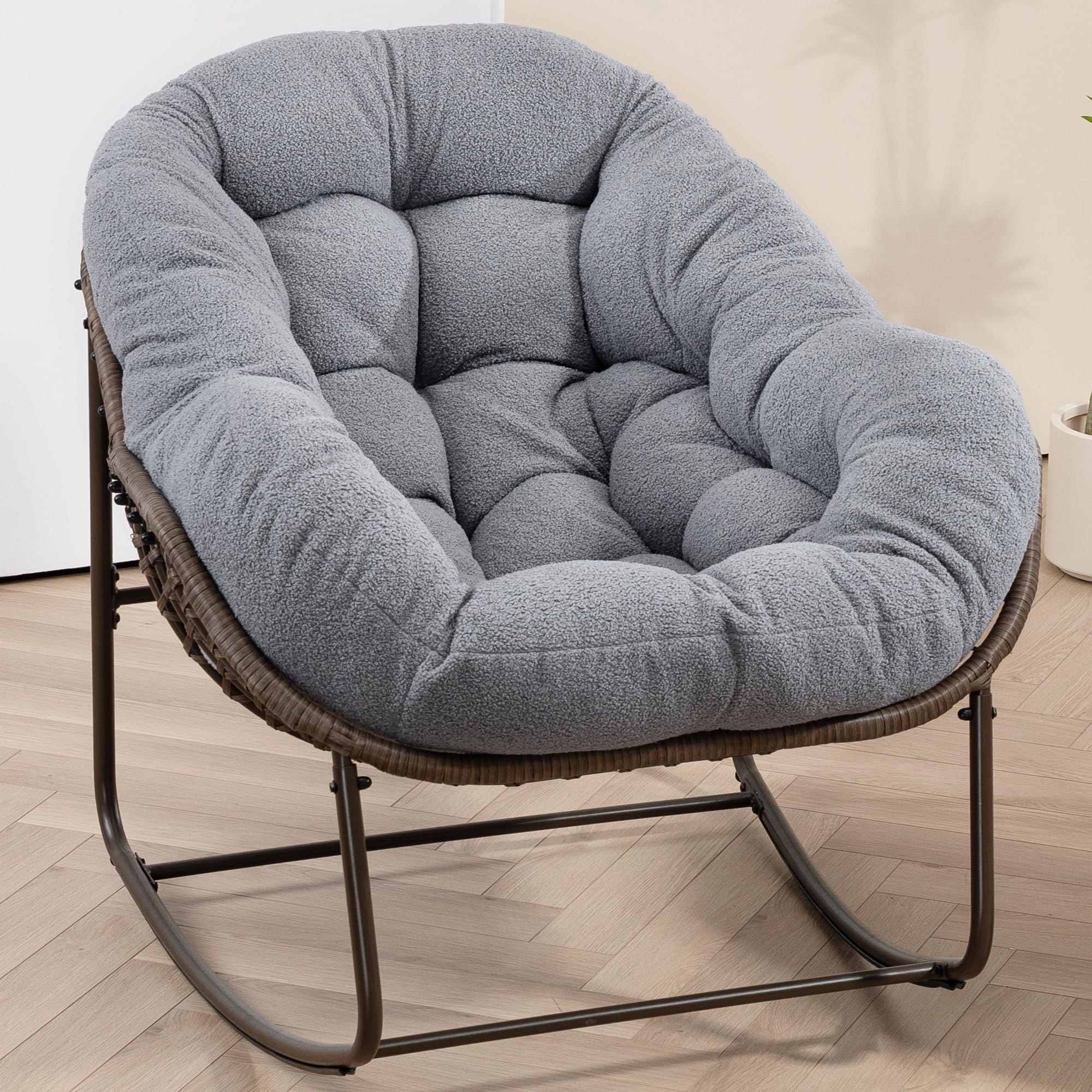 Villeston Patio Papasan Rocking Chair - Oversized Outdoor Egg Chair Indoor Rattan Comfy Rock Chair With Cushion For Garden Porch