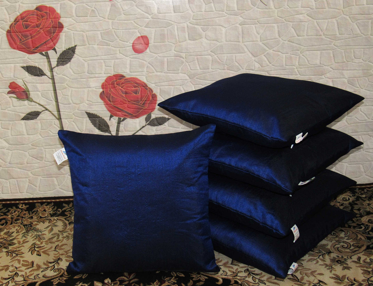 Zikrak Exim Poly Dupion Cushion Cover (40X40 Cm, 16X16Inch, Blue) Set 5 Piece,
