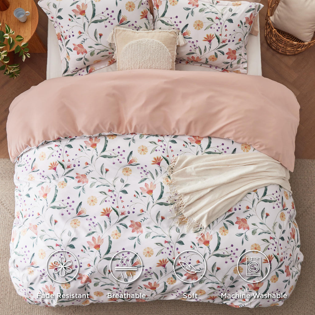 Bedsure Duvet Cover Queen Size - Reversible Floral Duvet Cover Set With Zipper Closure, 3 Pieces Pale Blush Bedding Set With 8 Corner Ties And 2 Pillow Shams 20'X26'