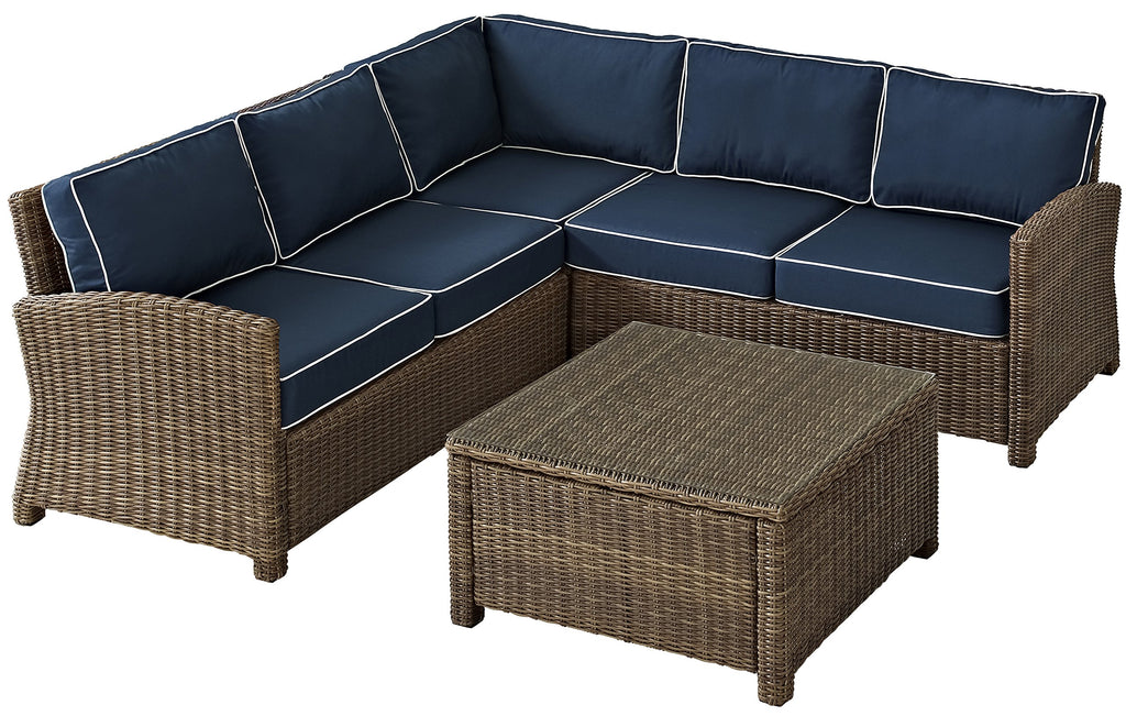 Crosley Furniture Bradenton 4-Piece Outdoor Sectional Sofa Wicker Conversation Patio Furniture Set for Deck, Brown with Navy Cushions