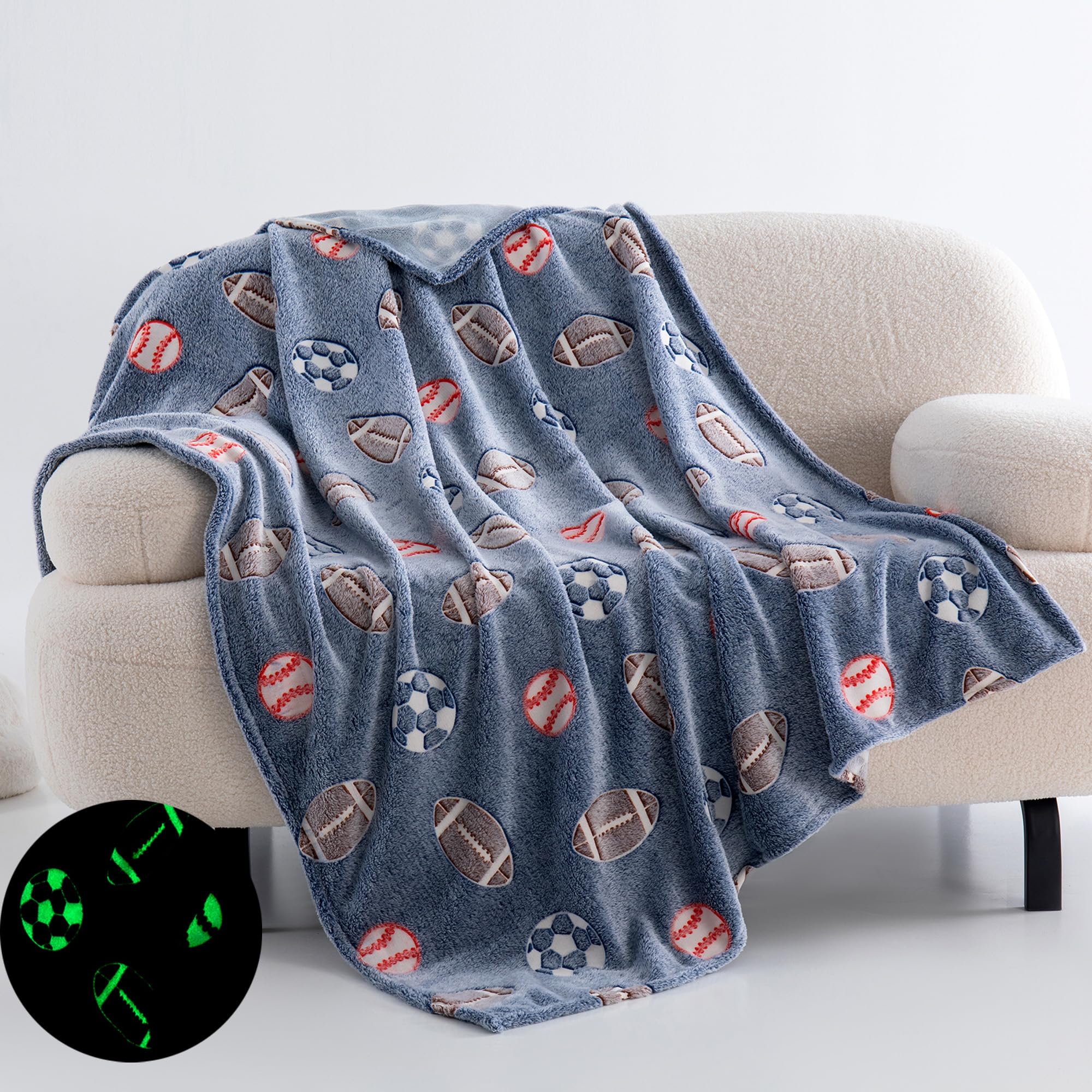 Qsteheml Glow In The Dark Football Blanket For Boys,Football Gifts For Boys Age 3 4 5 6 7 8 9 10 11 12 13 14 Year Old, Soft Socc
