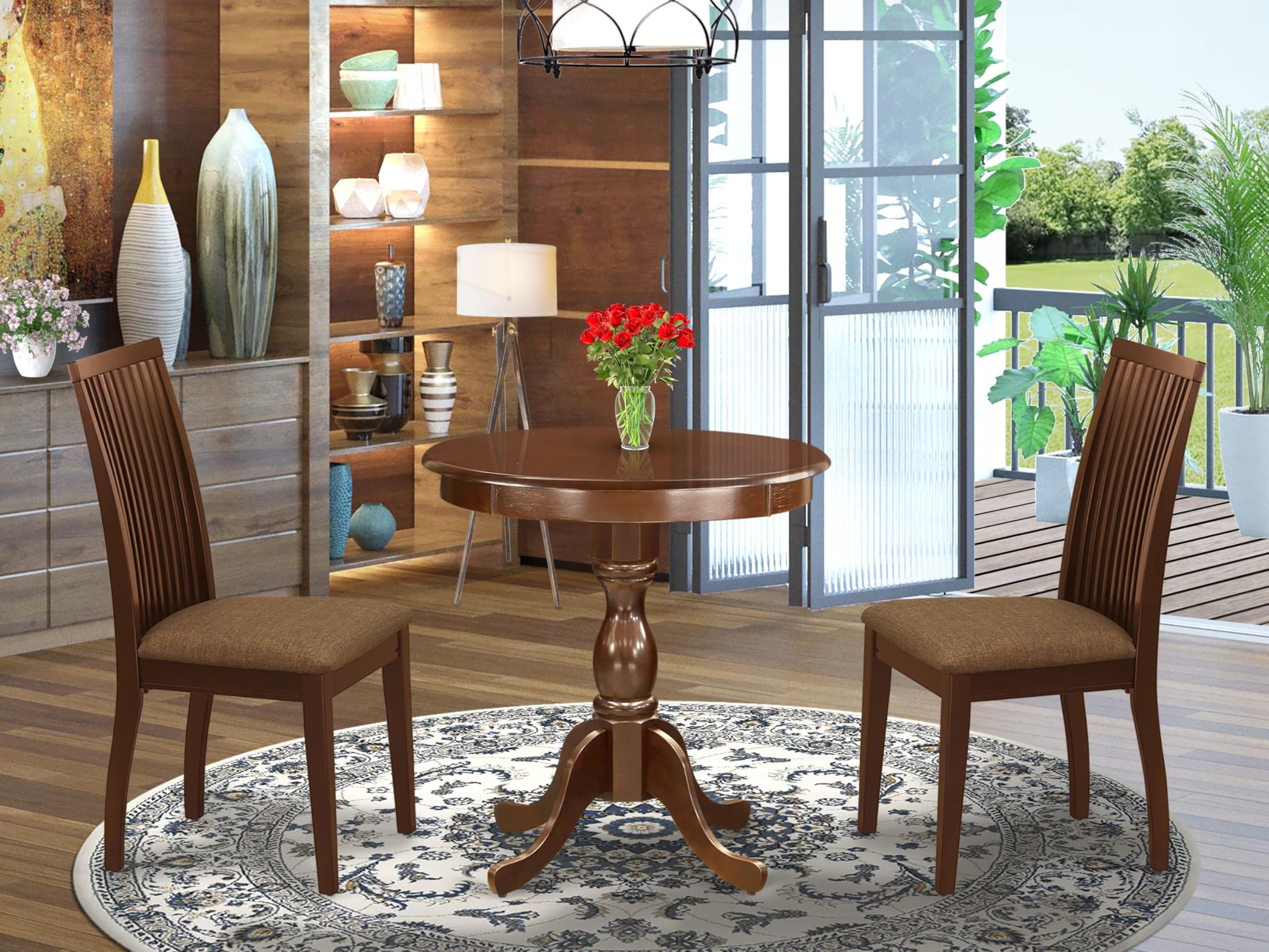 East West Furniture Esip3-Mah-C 3 Piece Modern Dining Table Set Contains A Round Wooden Table With Pedestal And 2 Linen Fabric Upholstered Dining Chairs, 30X30 Inch, Mahogany