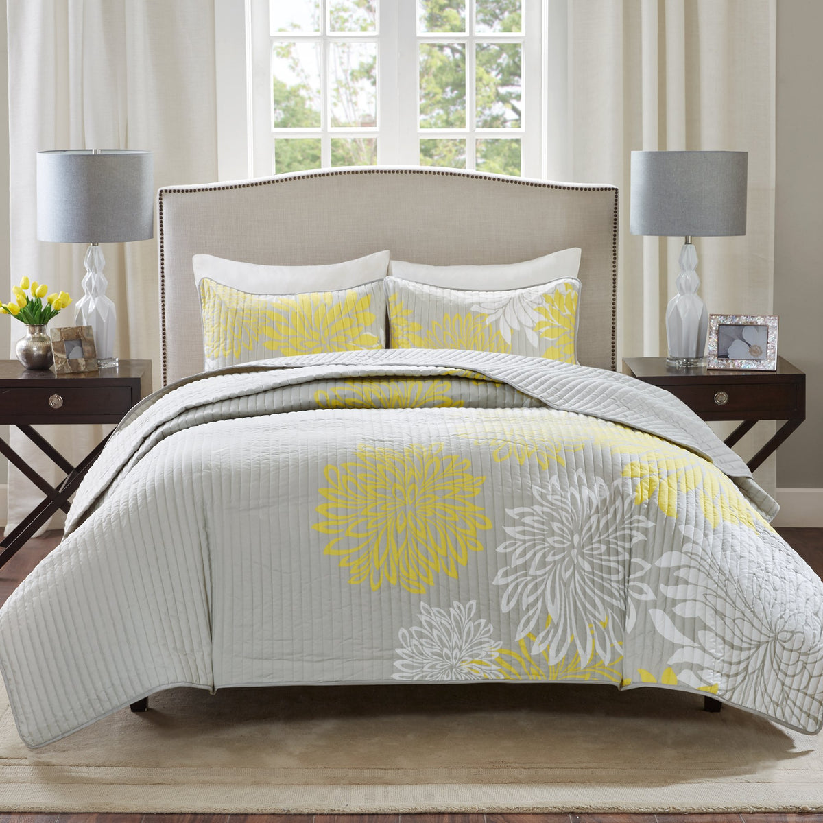 Comfort Spaces Enya 3 Piece Quilt Coverlet Bedspread Ultra Soft Floral Printed Pattern Bedding Set, King, Yellow-Grey,Cs14-0062
