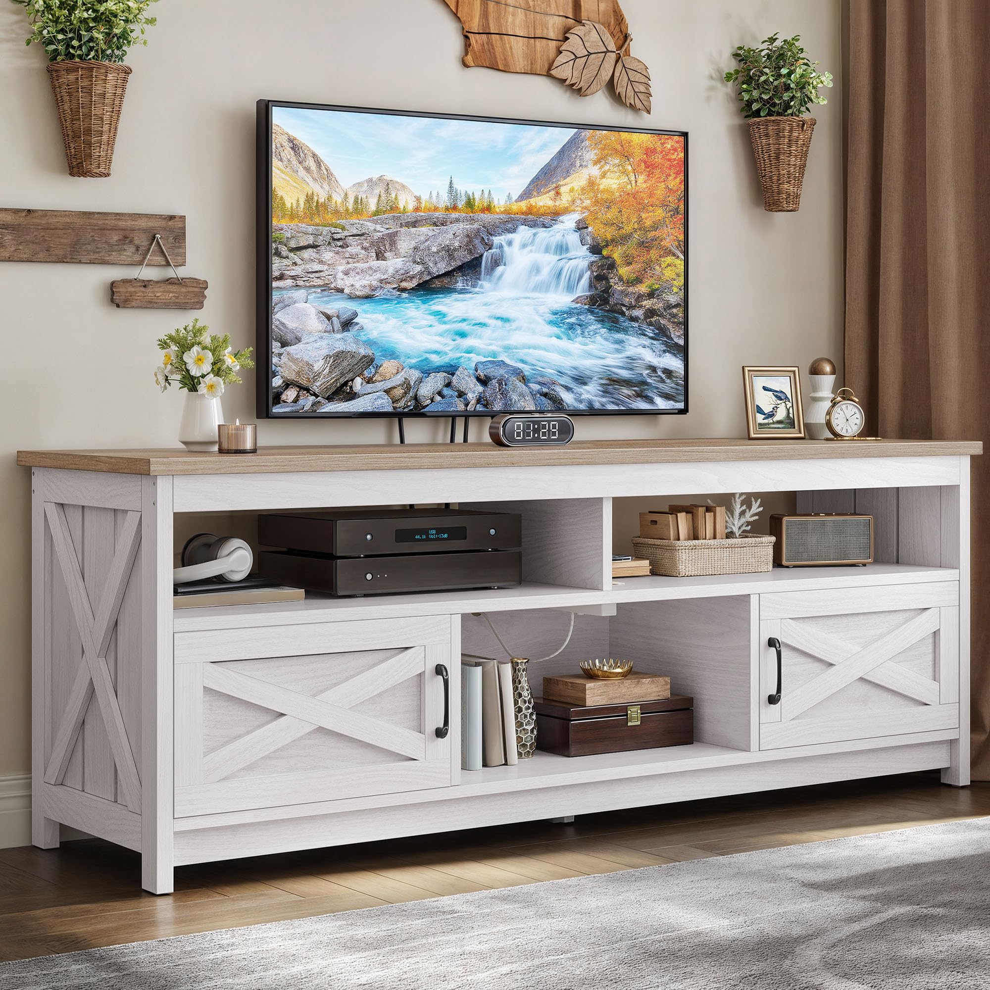 YITAHOME Farmhouse TV Stand for 65/75 Inch Television, Entertainment Center Television Stand with Power Outlets and Open Shelf, 
