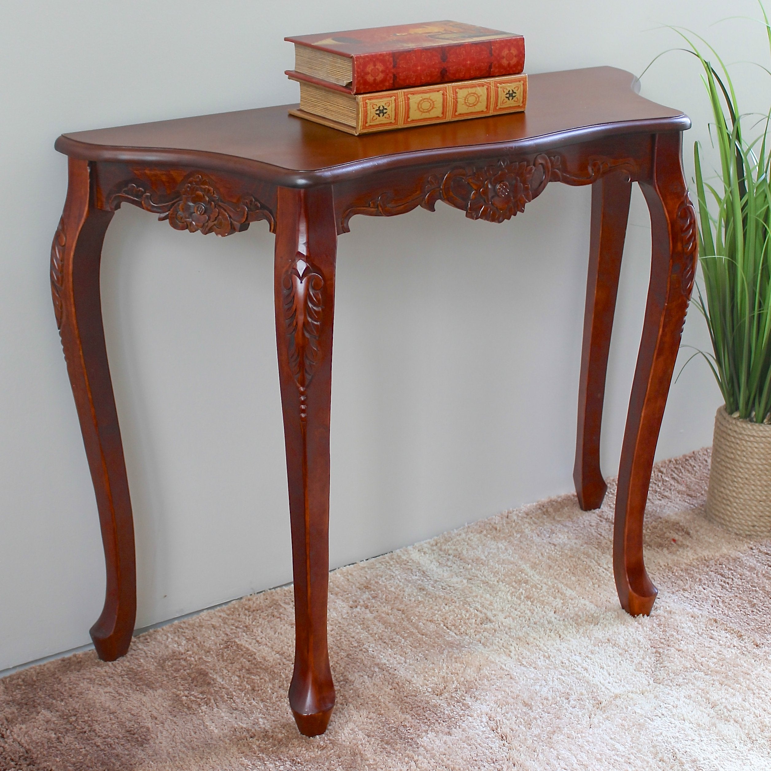 International Caravan Furniture Piece Carved Four Leg Scalloped Wall Table, 0