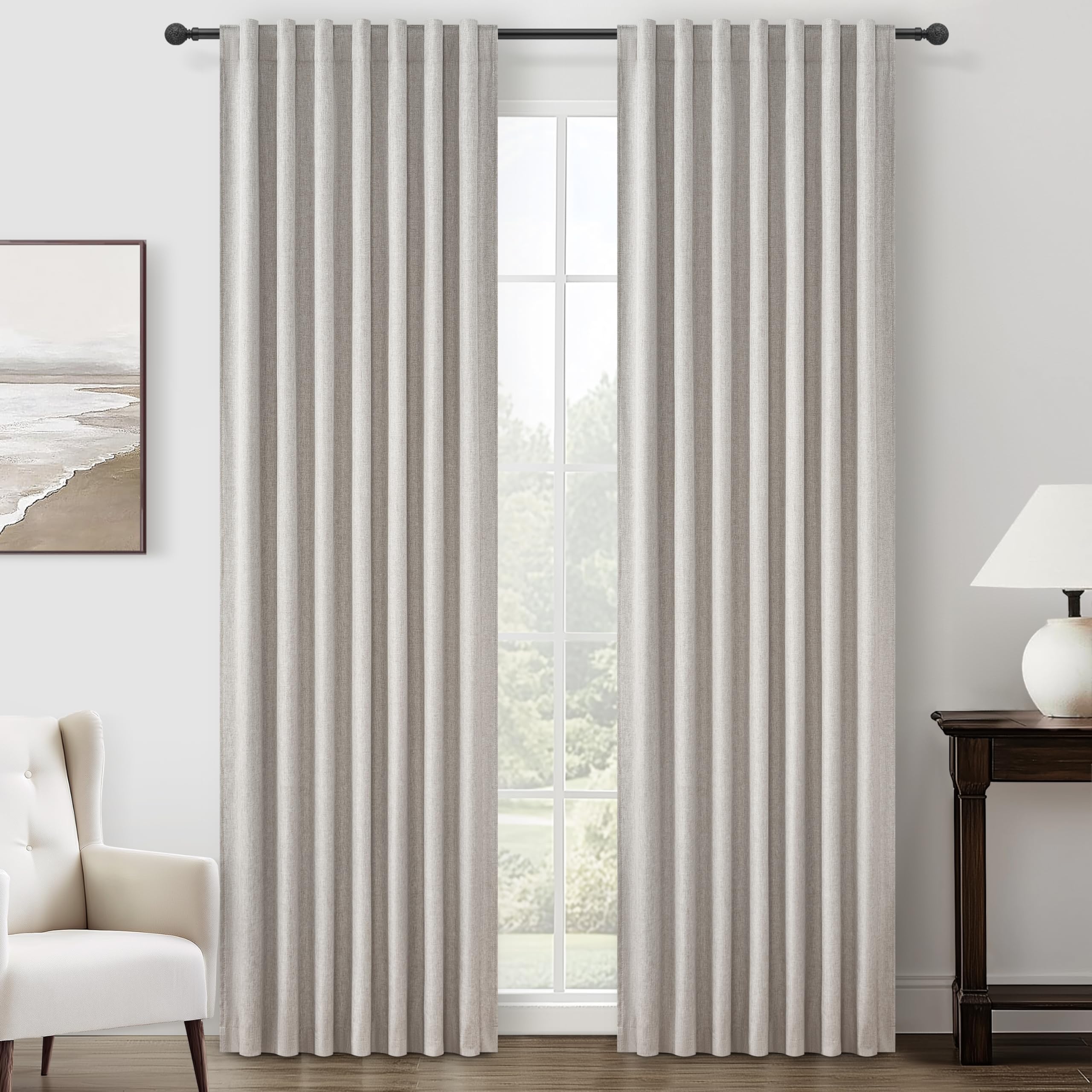 Pleat Linen Blend Room Darkening Curtains 84 Inch Length 2 Panels Set for Living Room, Natural Melange Grey for Bedroom Windows 